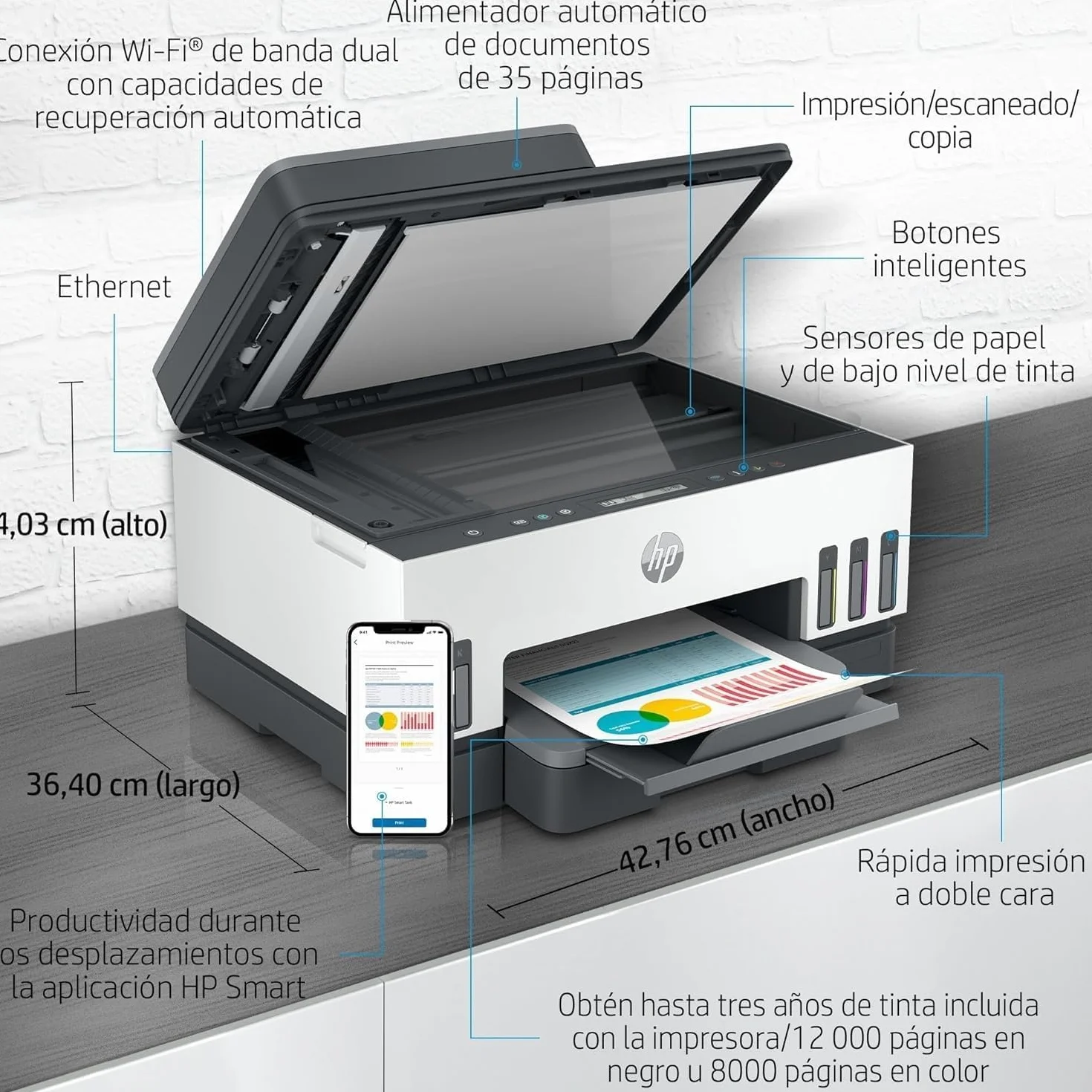 HP Smart Tank 7305 28B75A -Impresora A4 Multifunción con Deposito de Tinta Recargable, Impresión a Color, Escaner, Copiadora, Wi-Fi, Smart App, Blanca y Gris Oscuro