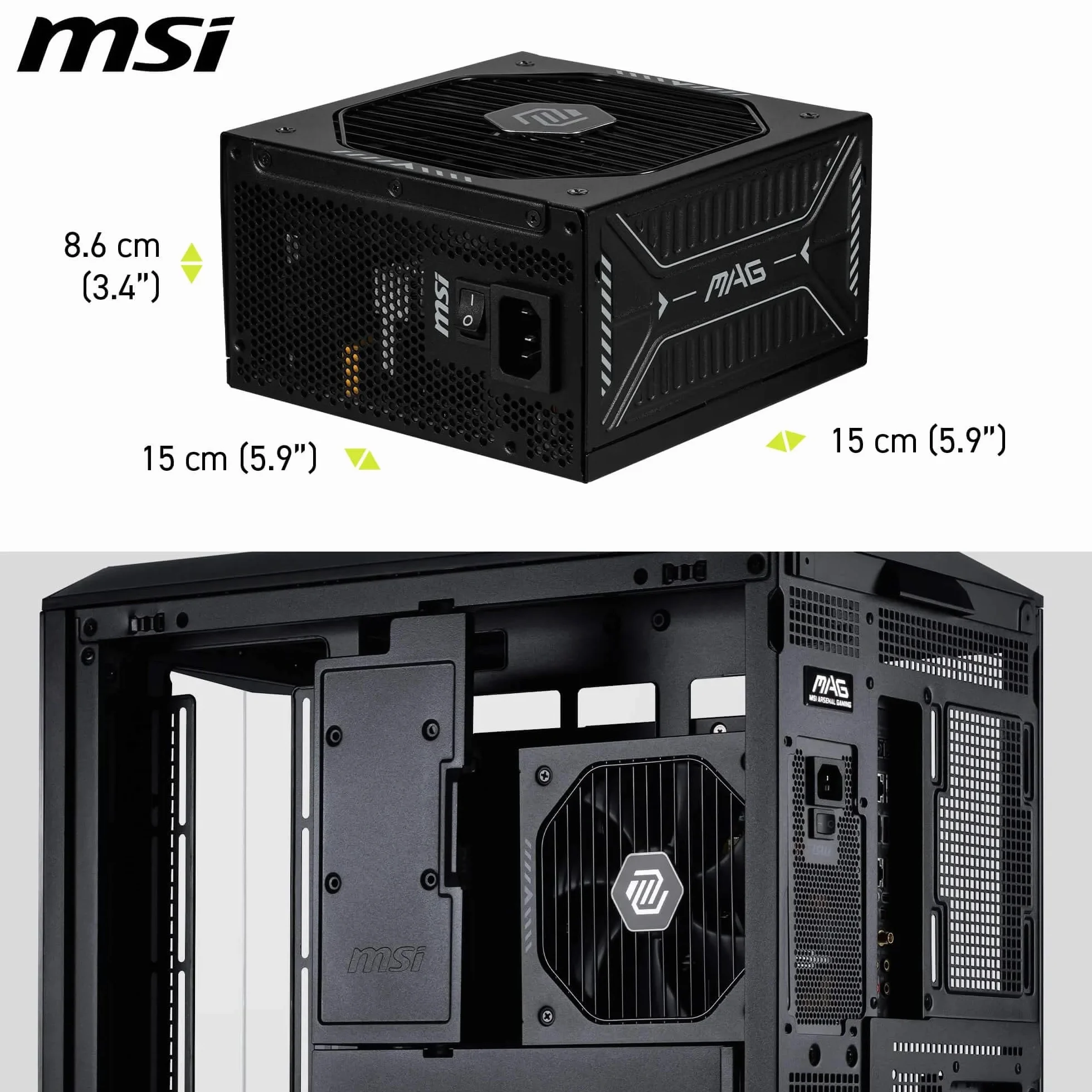 MSI mag A850GLS PCIE5, Fuente de alimentación, 850W, 80 Plus Gold, ATX 3.1, Compatible con GPU PCIe 5.1, 12V-2x6 nativos, Conector 12V-2x6 de Dos Colores, Fuente de alimentación ATX