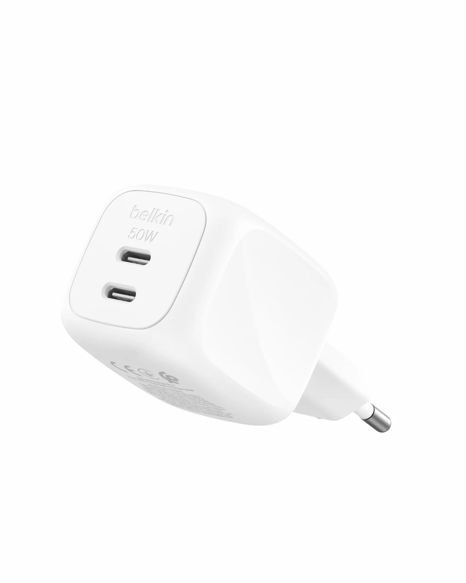 Belkin Cargador USB C con 2 Puertos, 50W, Cargador Multiple GaN con Dos Puertos Tipo C, Enchufe Carga Rápida para MacBook, iPhone 17, iPad Pro, Chromebook, Samsung Galaxy S25 Ultra y Pixel 10 - Blanco
