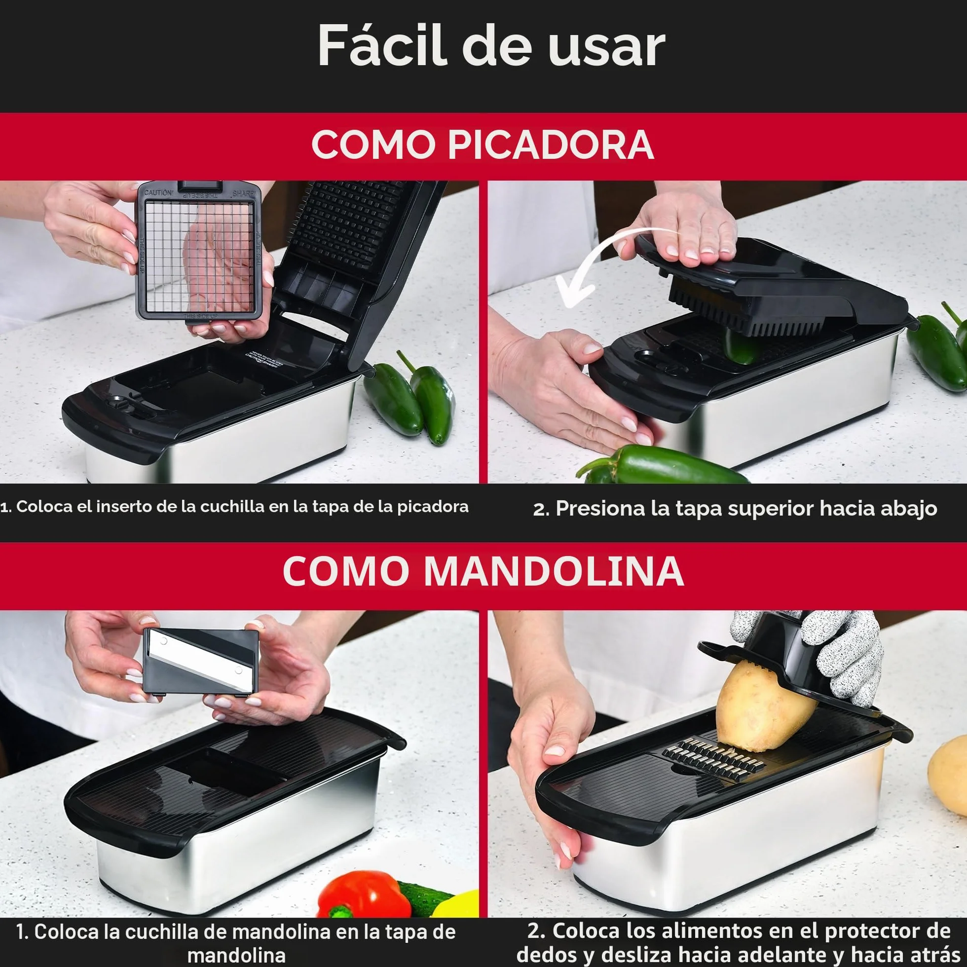 Fullstar Multifuncional Cortador de Verdura Profesional 14-en-1 - Mandolina Rallador Picadora Manual - Utensilios de Cocina Inox Negro