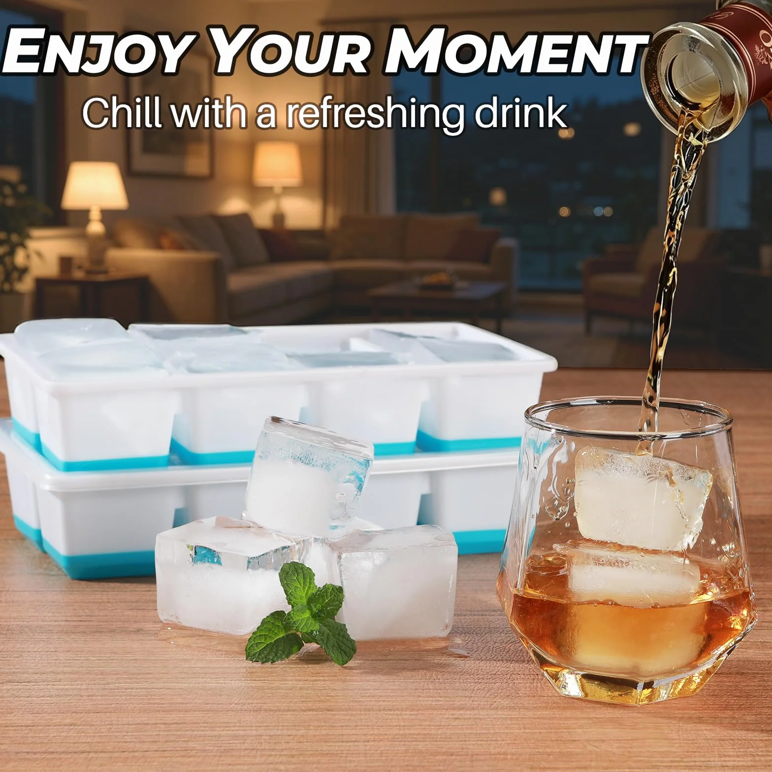 JRISBO Cubiteras para Hielo Grande 2 Piezas, Silicona con Tapa sin BPA Apilables Moldes de Hielo para Cóctel Whisky (Azul + Verde)