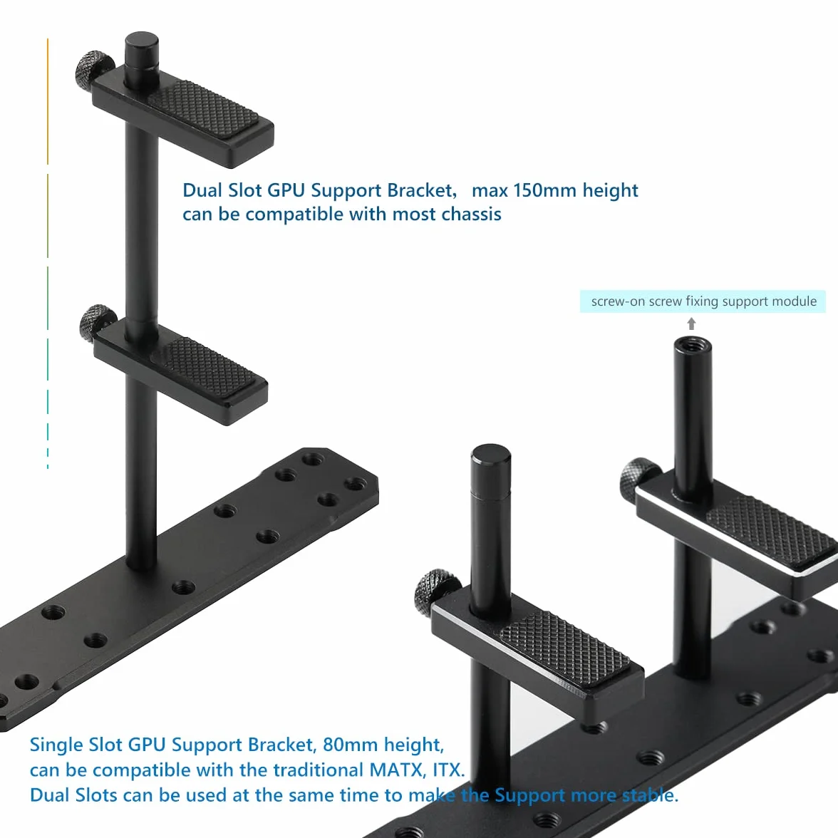 Soporte de GPU ajustable, barra doble, altura ajustable para tarjeta gráfica, soporte para tarjeta gráfica vertical, componentes de PC,aluminio (80-150 mm negro)