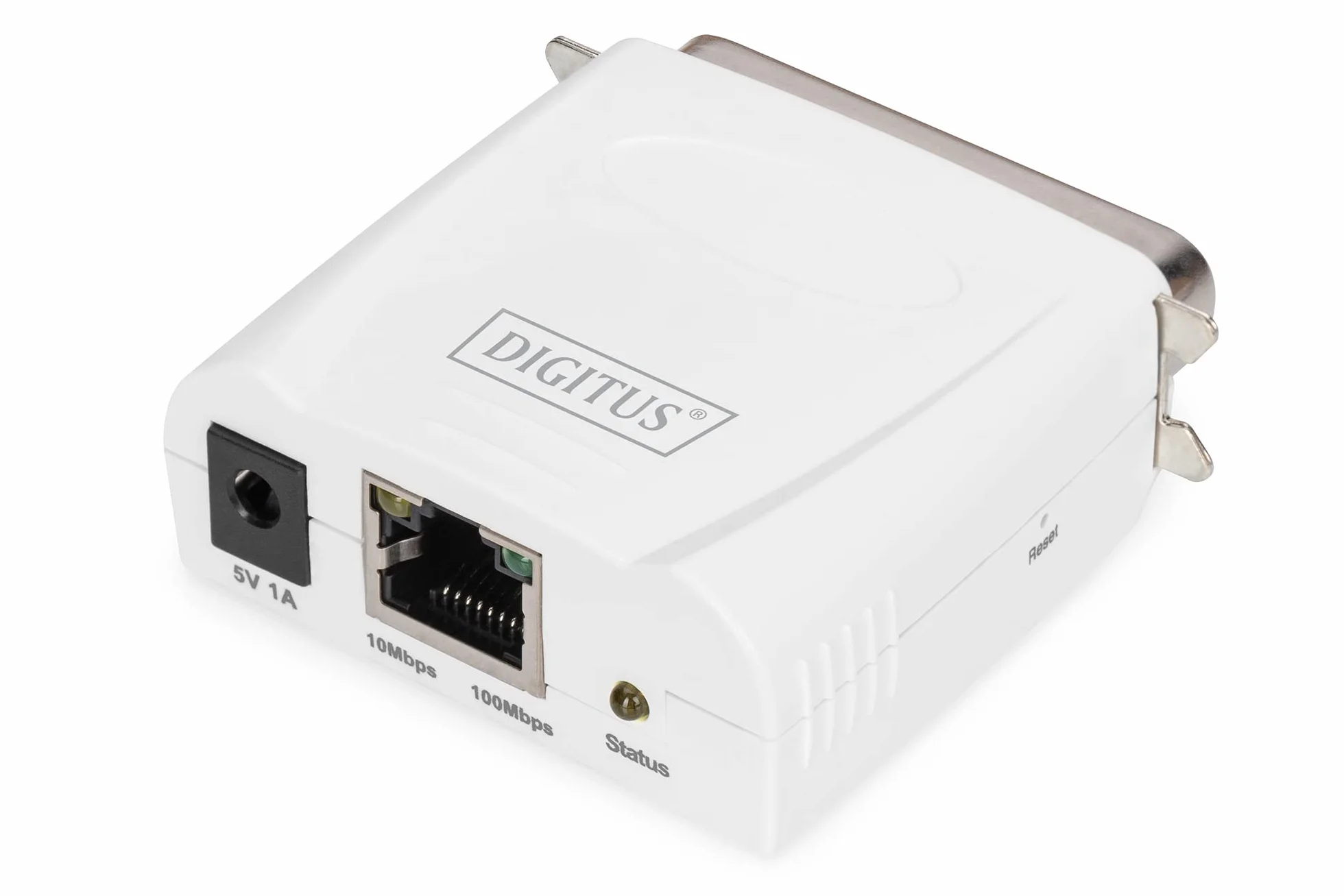 DIGITUS Servidor de impresión Fast Ethernet con puerto paralelo, 1 x RJ45, 1 x DB-36-pin macho, servidor de impresora, compatible con DHCP, TCP/IP, fácil instalación, incluye fuente de alimentación