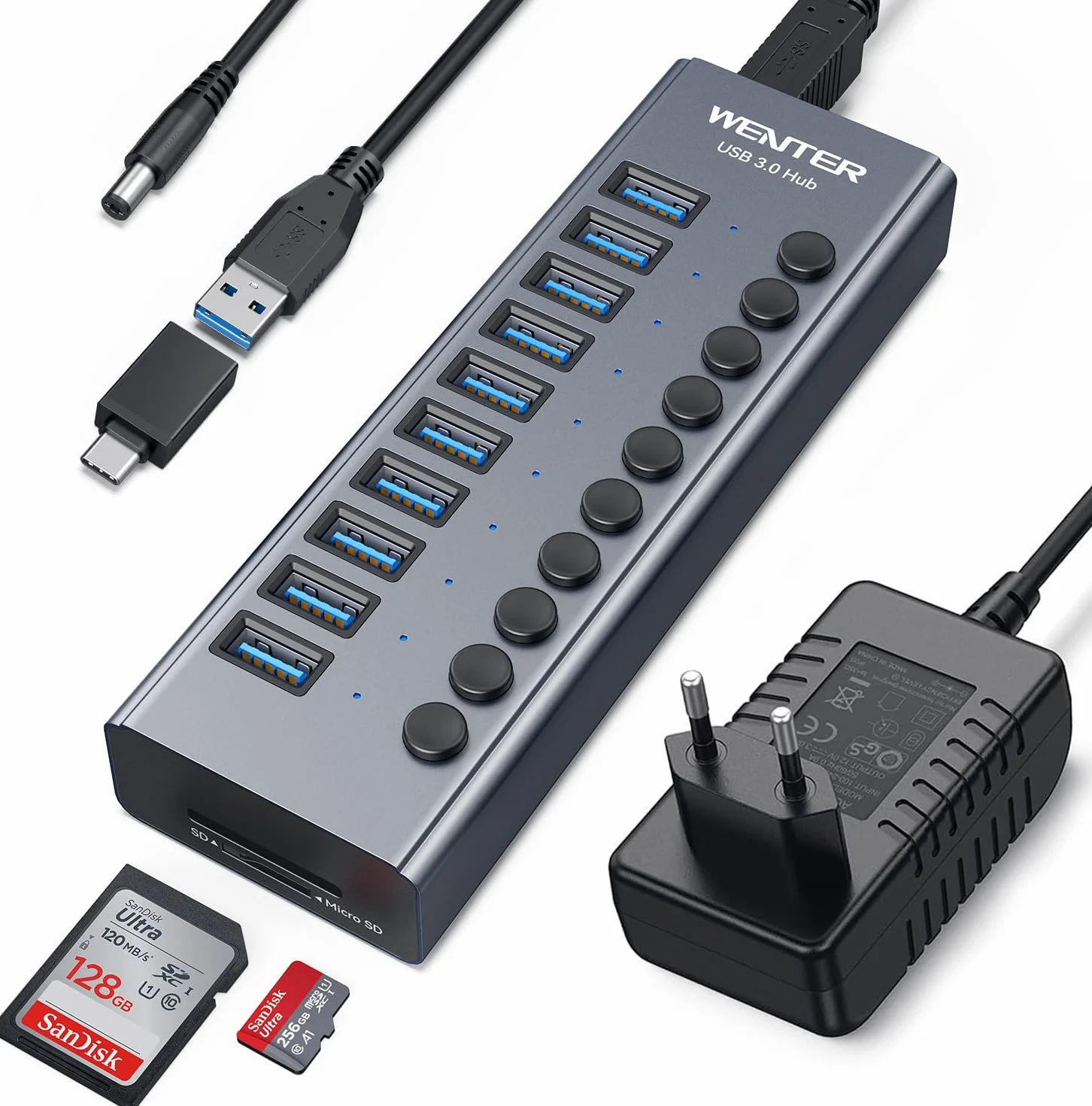 Wenter - Hub USB 3.0 con 10 Puertos USB con interruptores LED Individuales de Encendido/Apagado