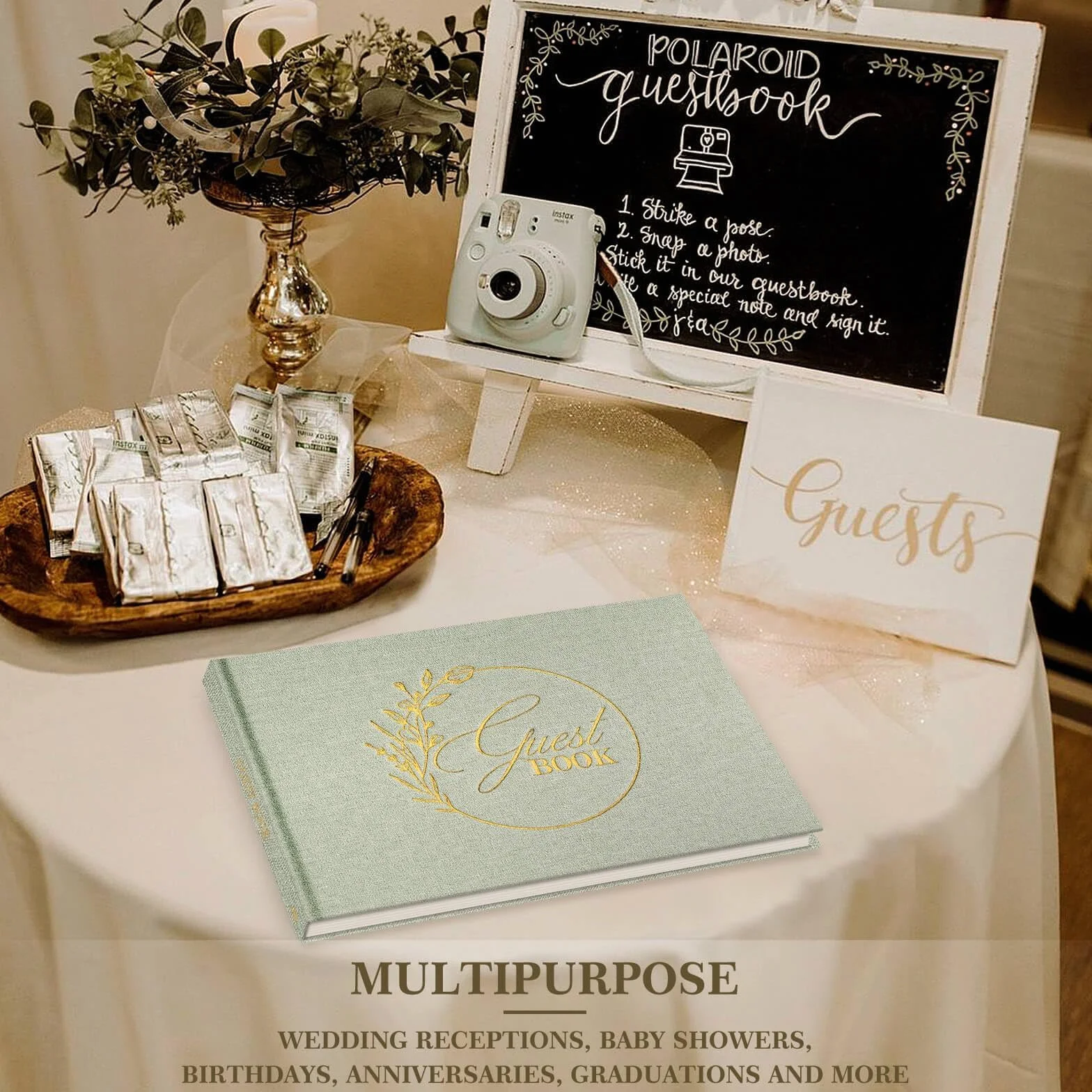 Libro de Visitas de Boda en Blanco de Lino, Libro Firmas para Bodas, Aniversario, Bautizos, Cumpleaños, Álbum de Invitados (108 Páginas, Verde)
