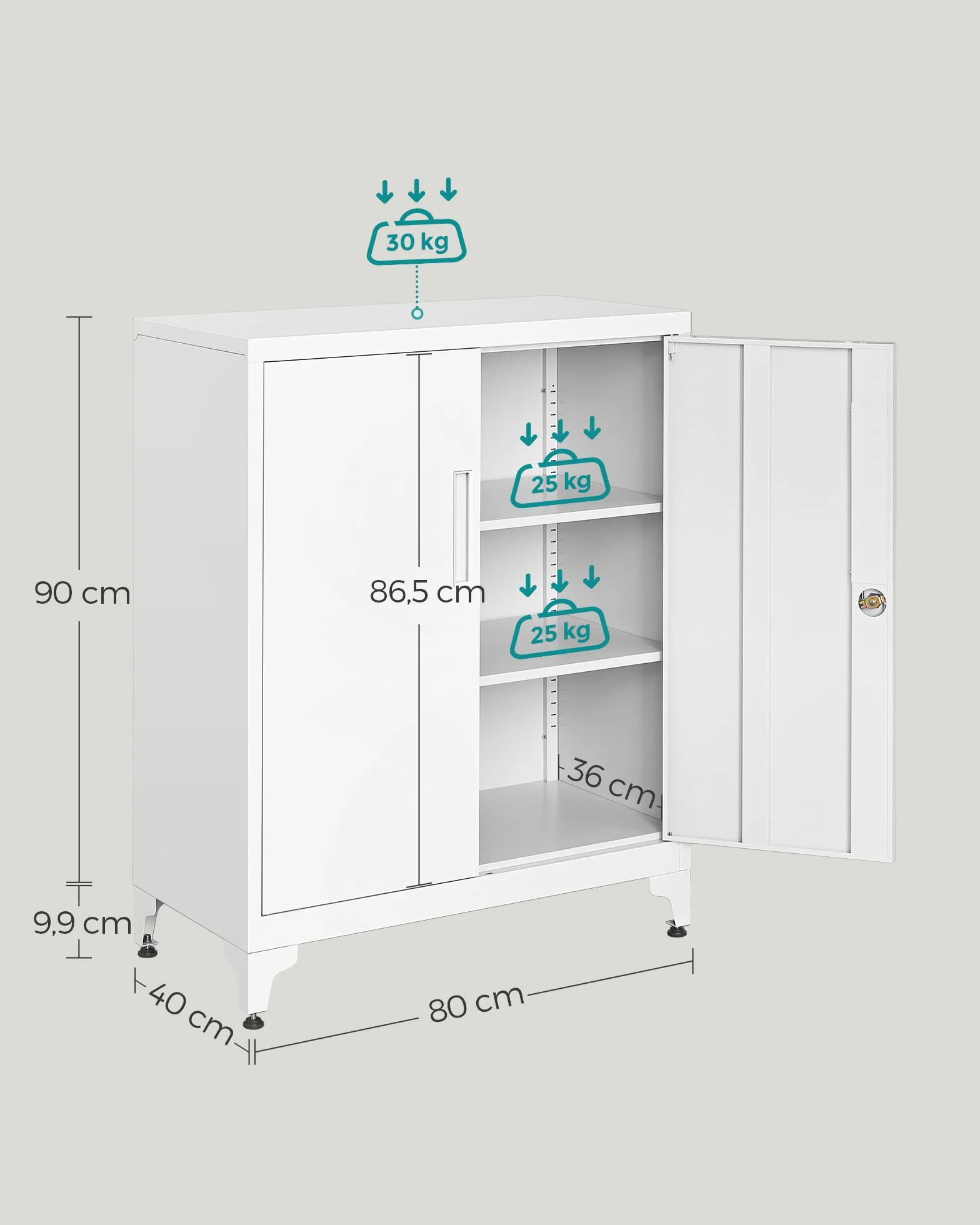 SONGMICS Archivador Oficina Armario Multifuncional 2 Puertas Cerradura Almacenamiento Acero Blanco Mate OMC013W01