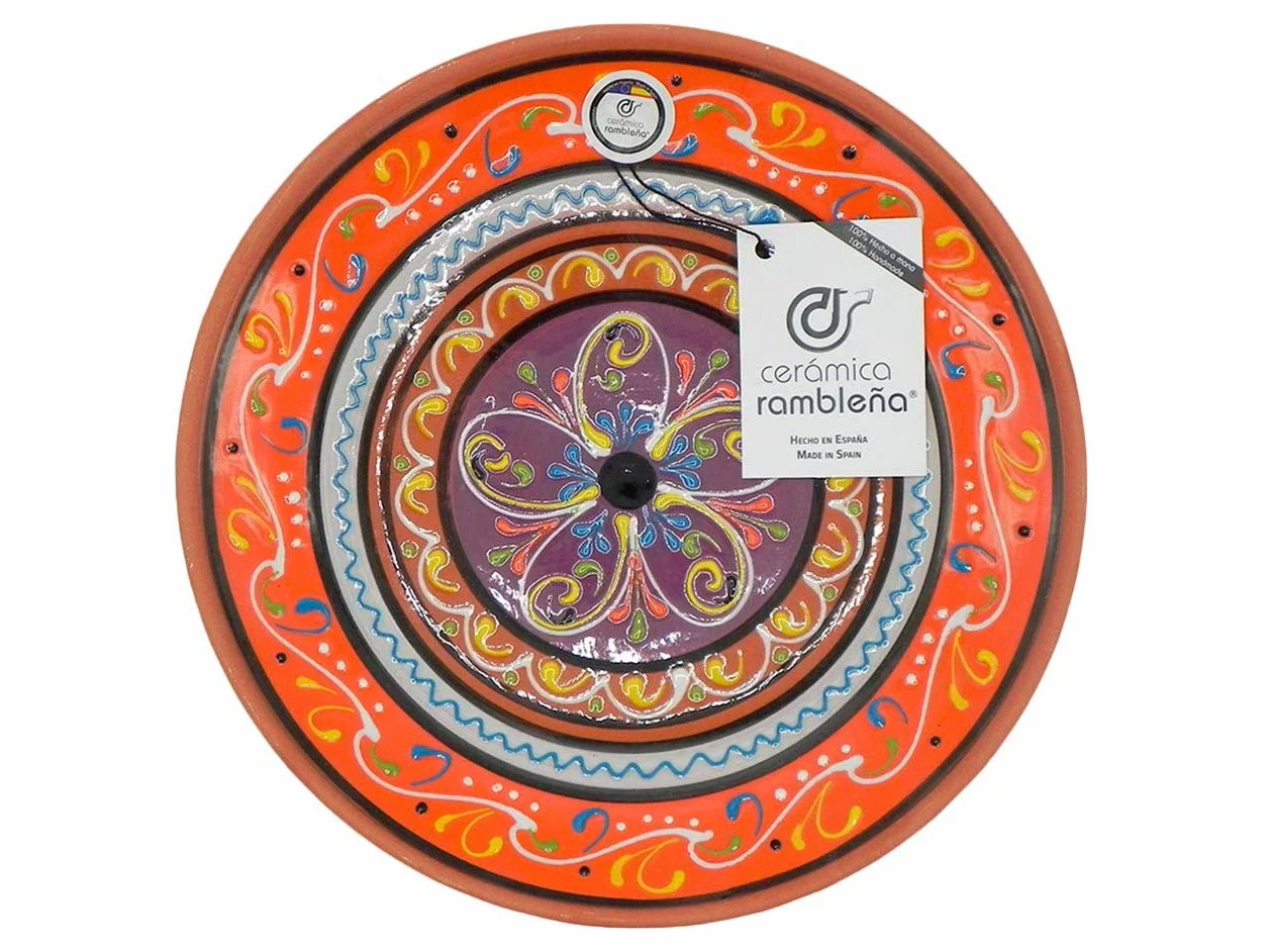 Plato Decorativo Cerámica Rambleña Hecho a Mano 28x28x4.5 cm Naranja-Blanco-Violeta
