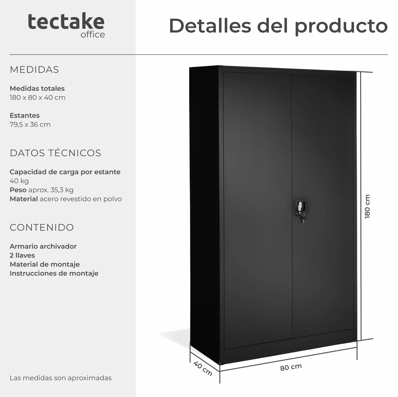 Armario Archivador Oficina Acero 180x80x40 cm Negro con Cerradura 4 Estantes Ajustables