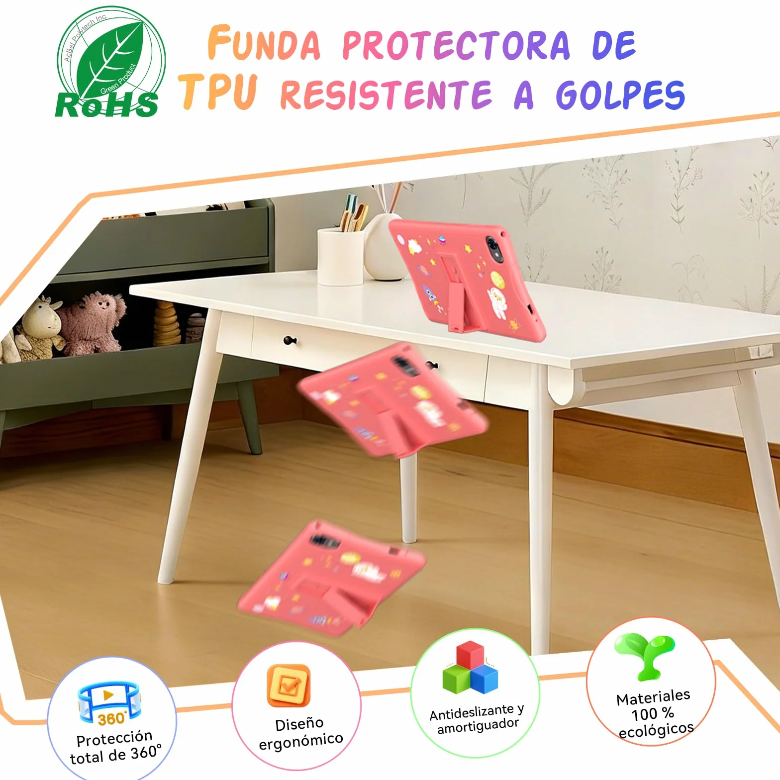 Tablet para Niños 10 Pulgadas, Android 16 Tablet para Niños de 3 a 12 Años, 16GB RAM 64GB ROM/2TB TF, Controles Parentales, GMS, WiFi6, Tablet Infantil con Funda Anticaídas y Lápiz, Garantía de 4 años