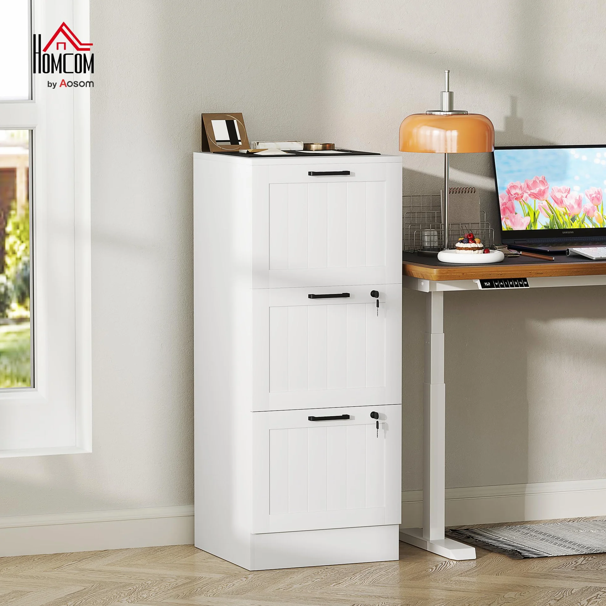 HOMCOM Cajonera Escritorio 3 Cajones, Mueble Archivador, 2 Cerraduras, Riel Colgante A4, 40x40x101 cm, Blanco