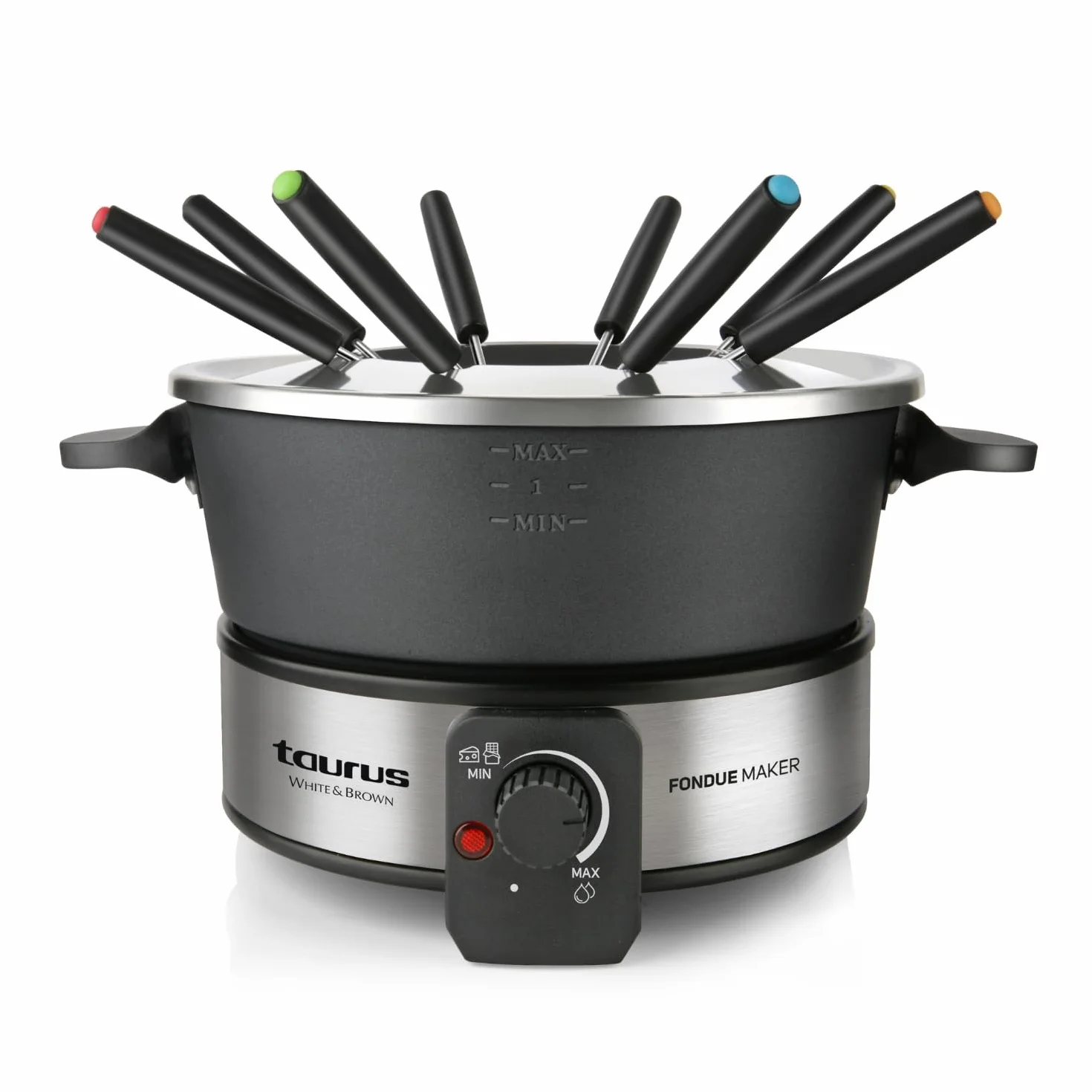 Taurus – Fondue Eléctrica FF2, 1000W, 2L, 8 Personas, Termostato Regulable 200ºC, Olla Antiadherente, Sin PFOA, Chocolate, Queso, Caldo y Aceite, 8 Tenedores, Asa Transporte, Lavavajillas, Negro