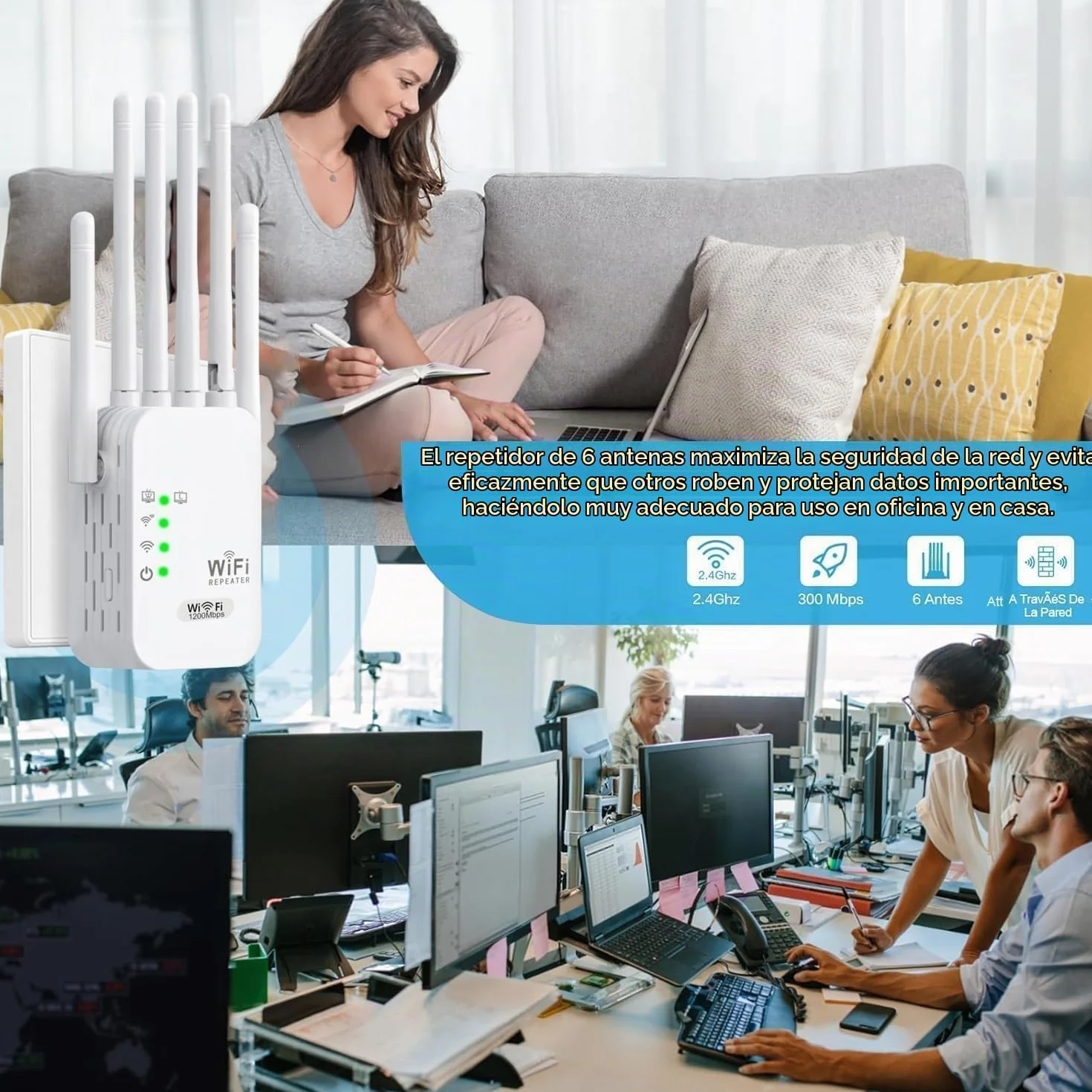 Repetidor WiFi 1200Mbps Amplificador de Señal Doble Banda 2.4GHz y 5GHz, Extensor WiFi Fácil Instalación con 2 Puertos LAN y 6 Antenas Externas, Ampliación de Cobertura para Hogar y Oficina