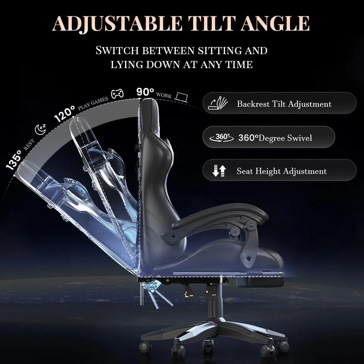 Silla Gaming Ergonómica con Reposapiés y Almohada Lumbar de Masaje, Altura Ajustable - Negro
