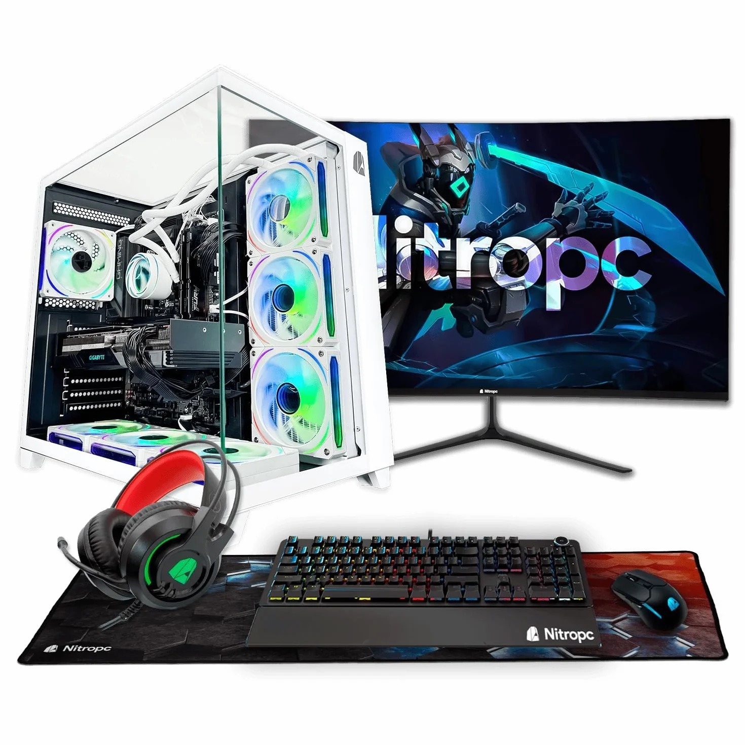 NitroPC - Pack Extremo | PC Gaming Completo (Intel Core i7 12700K 12/20 5.0GHz, RTX 5060 8GB, RAM 32GB, M.2 1TB, Windows 11 PRO | WiFi, Monitor Curvo 27", Teclado, ratón, Cascos) PC sobremesa (Blanco)