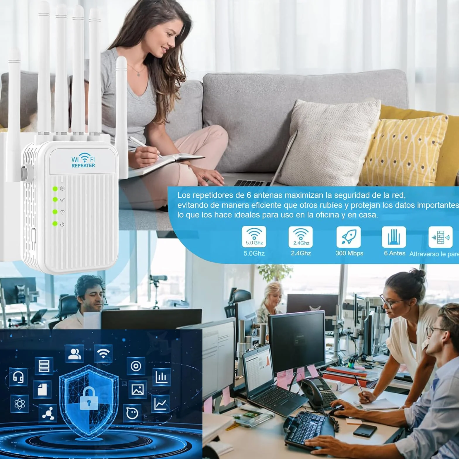Potente Amplificador de señal 5G /2.4G Repetidor,6 Antenas,2 Rj45 Puertos LAN,Modo Repetidor/Router/Ap,Cobertura 360° de hasta 1000 m²,Adecuado para Oficinas y Casa (XS)