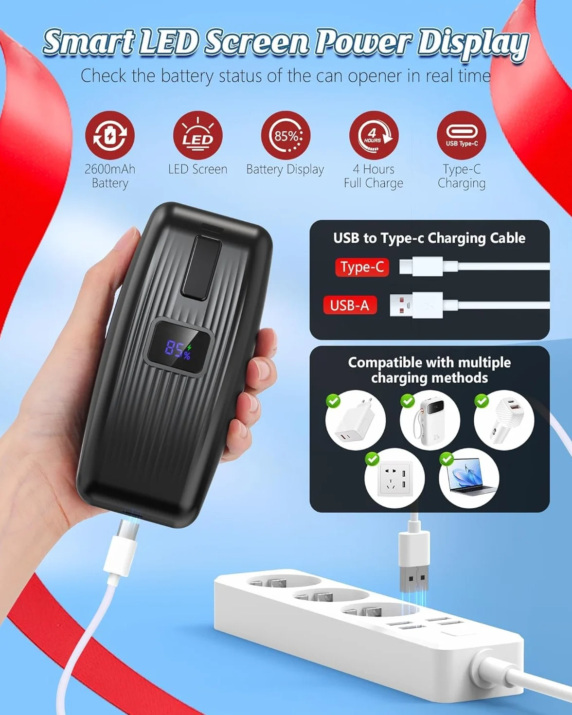 Abrelatas Eléctrico Automático Recargable con un Solo Toque Inteligente para Todos los Tamaños de Latas – Negro