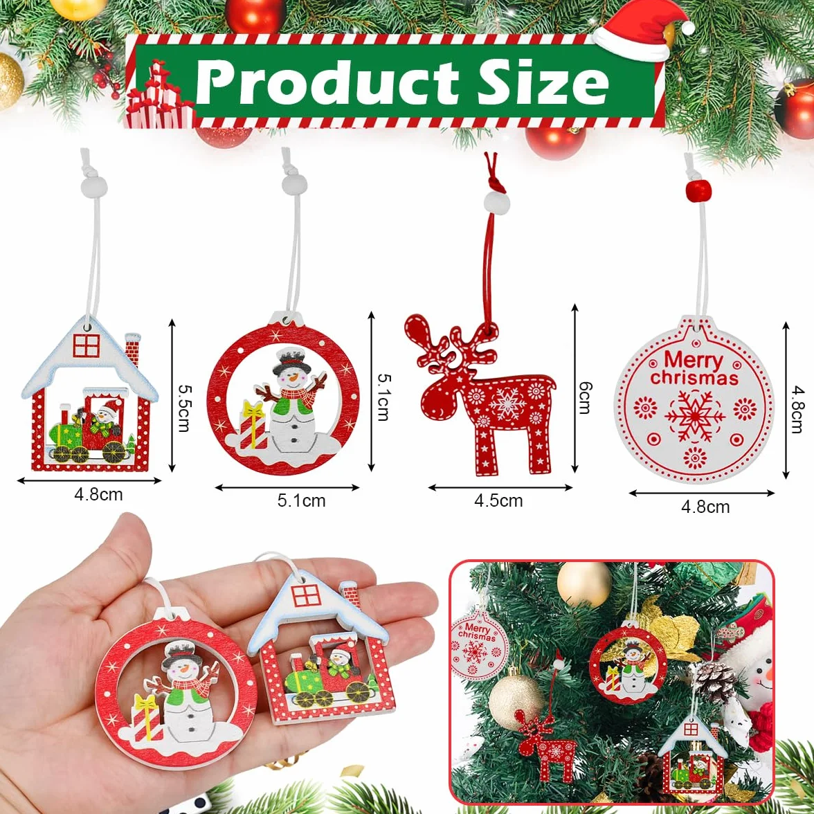QINERSAW 24 Piezas Adornos de Madera para Árbol de Navidad con Cordel