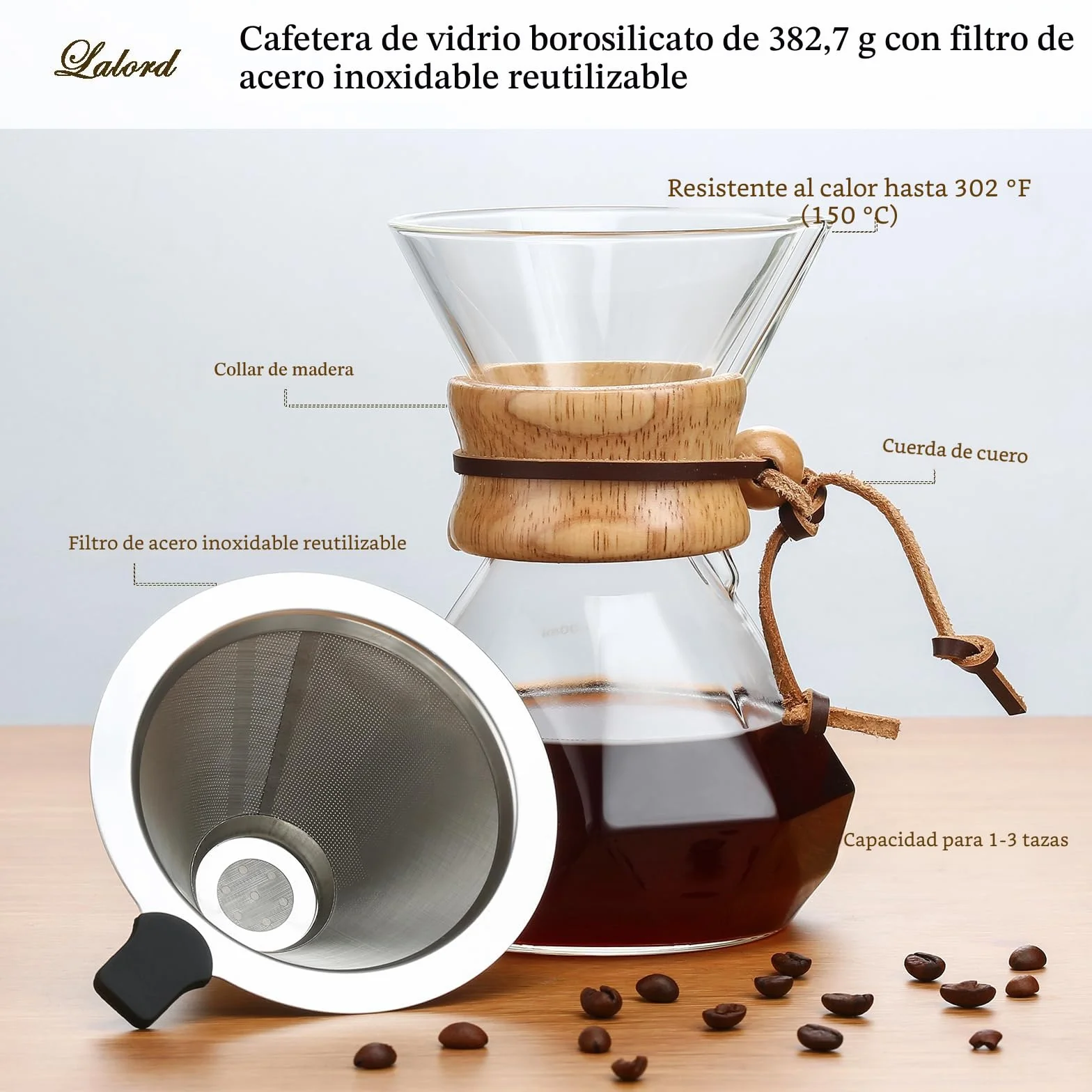 Cafetera de Goteo Lalord con Filtro de Acero Inoxidable Reutilizable, Jarra de Vidrio de Borosilicato, 400 ml