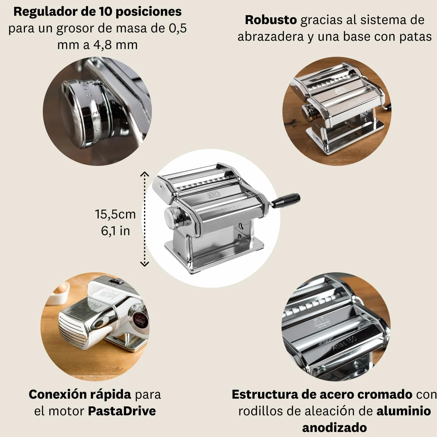 Marcato Atlas 150 Máquina para Pasta Acero Cromado 15 cm 3 Accesorios