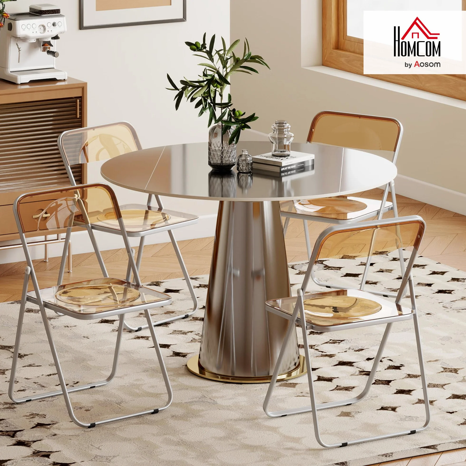 HOMCOM Juego de 4 sillas plegables de acrílico y acero, portátiles, 47 x 48 x 75 cm, naranjas