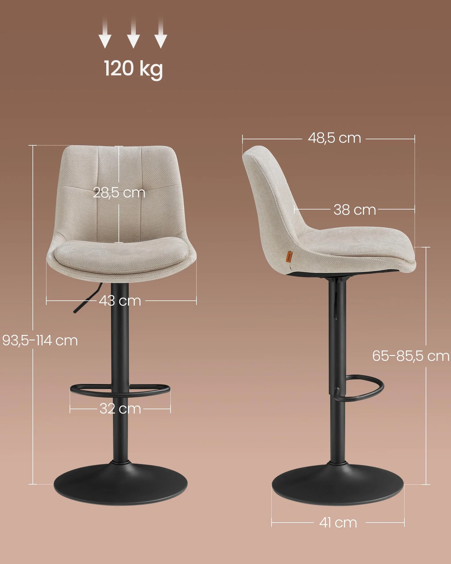 VASAGLE Juego de 2 Taburetes de Bar, Sillas Altas Giratorias Regulables en Altura, Acero, Blanco Crema