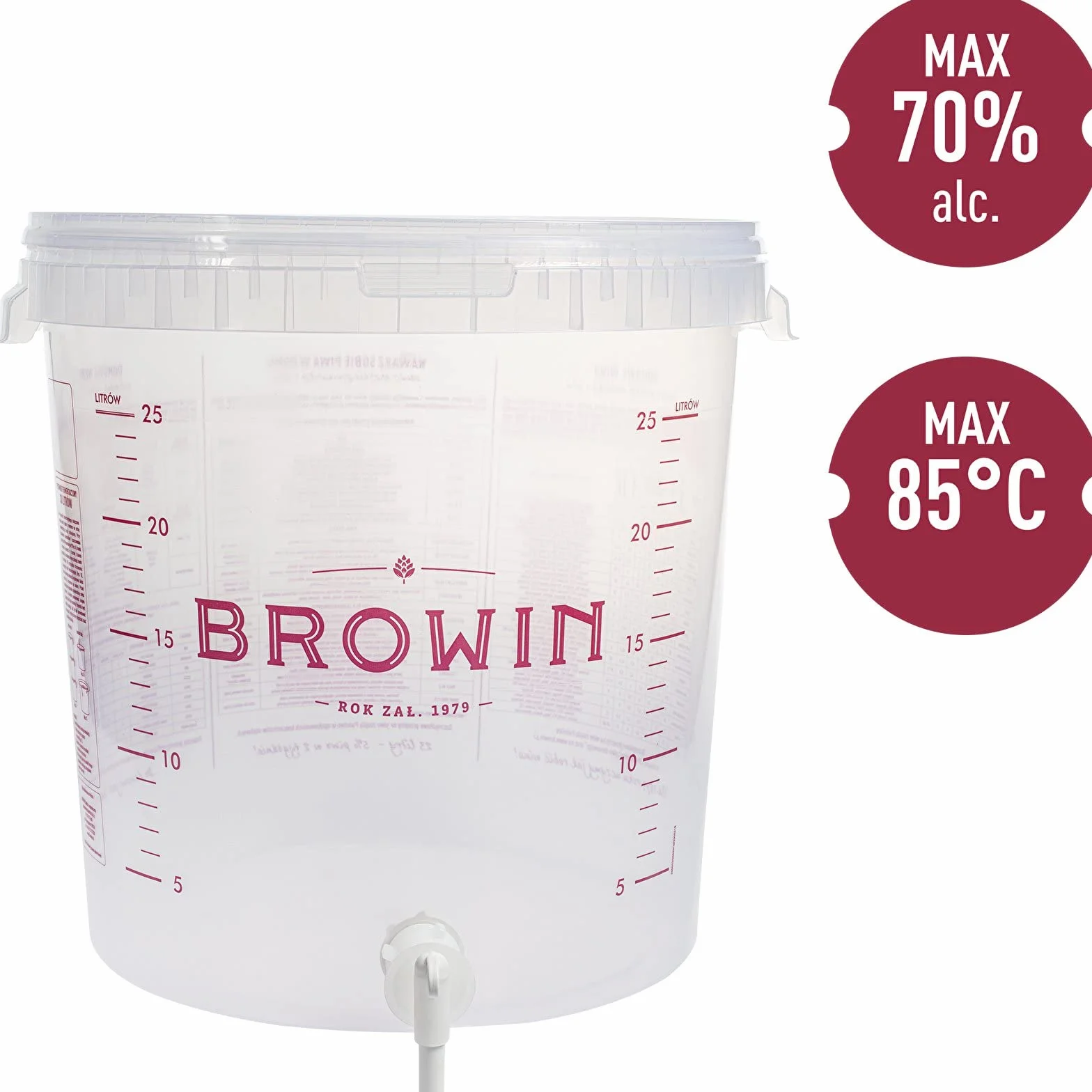 Browin 340439 Recipiente de fermentación transparente 30 L con grifo giratorio y tapa Escala para fermentación de cerveza vino