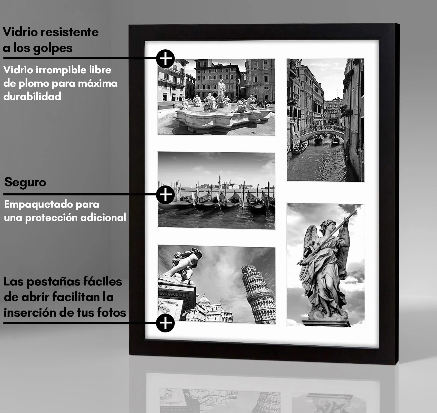 Americanflat Portafotos Multiple 28x36 cm Negro - Marco de Fotos 10x15 cm para 5 Fotos - MDF con Vidrio