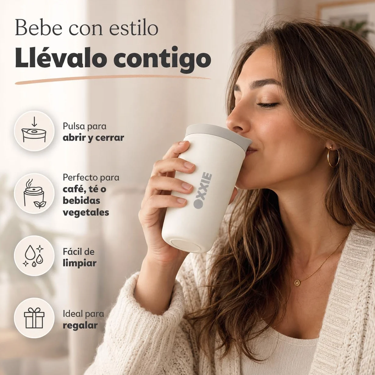 Vaso Termo Cafe 350ml Acero Inoxidable Doble Pared Taza Termica con Tapa Hermetica Reutilizable Antigoteo Beige