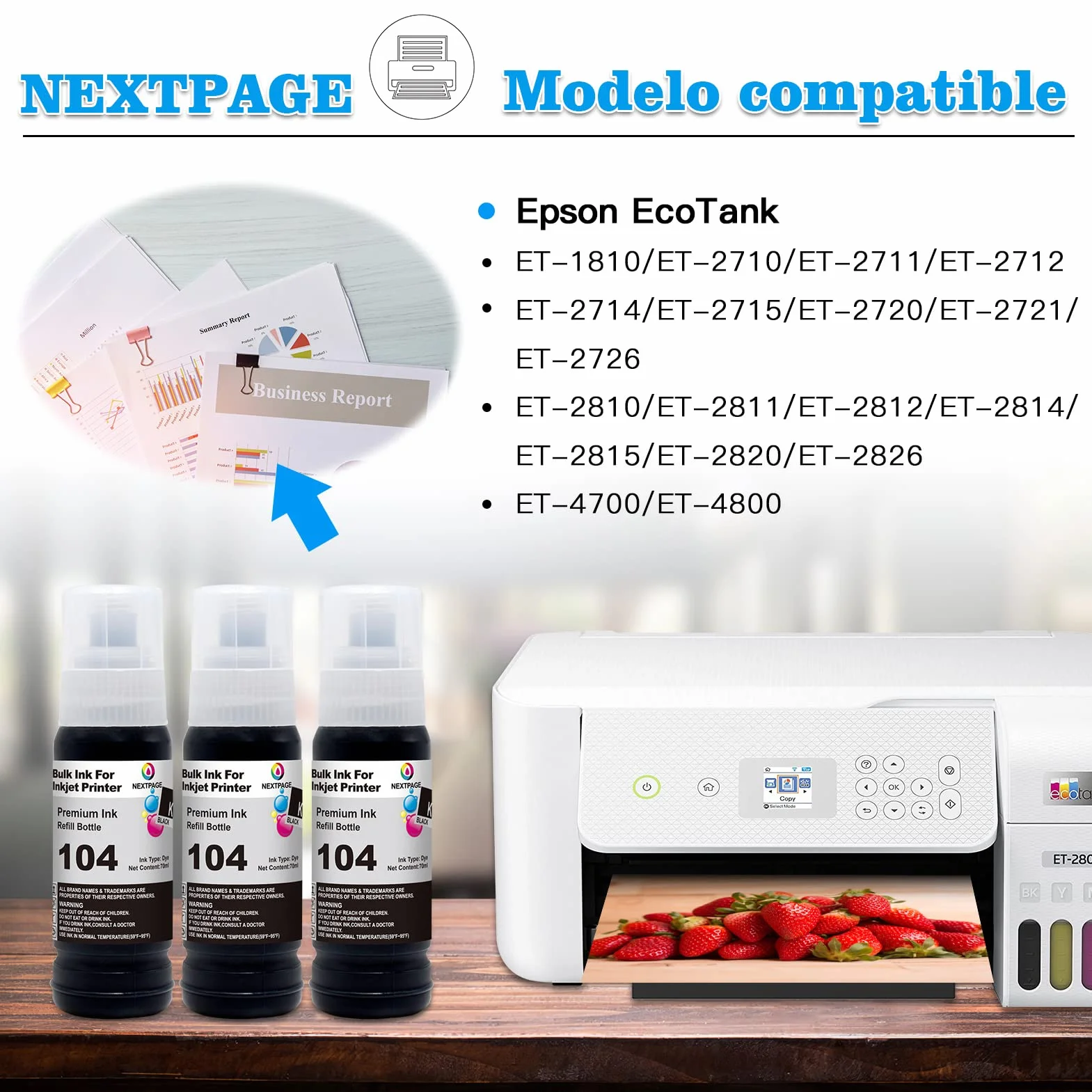 Nextpage EP-104 Tinta Compatible para EP-104 Epson EcoTank Botella de tinta para ET-2820 ET-2810 ET-2870 ET-2710 ET-2711 ET-2712 ET-2714 ET-2715 ET-2720 ET-2726 ET-4726 00 3 Negro (no original)