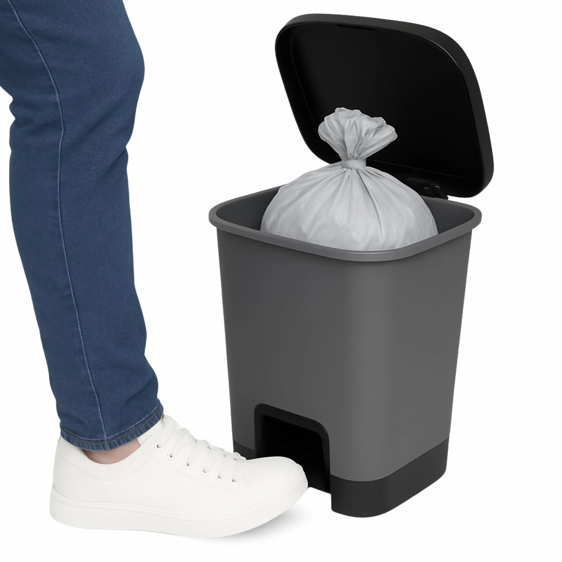 TECHZOCO Cubo basura plástico apertura pedal 27L 45x38x32 cm Gris/Negro