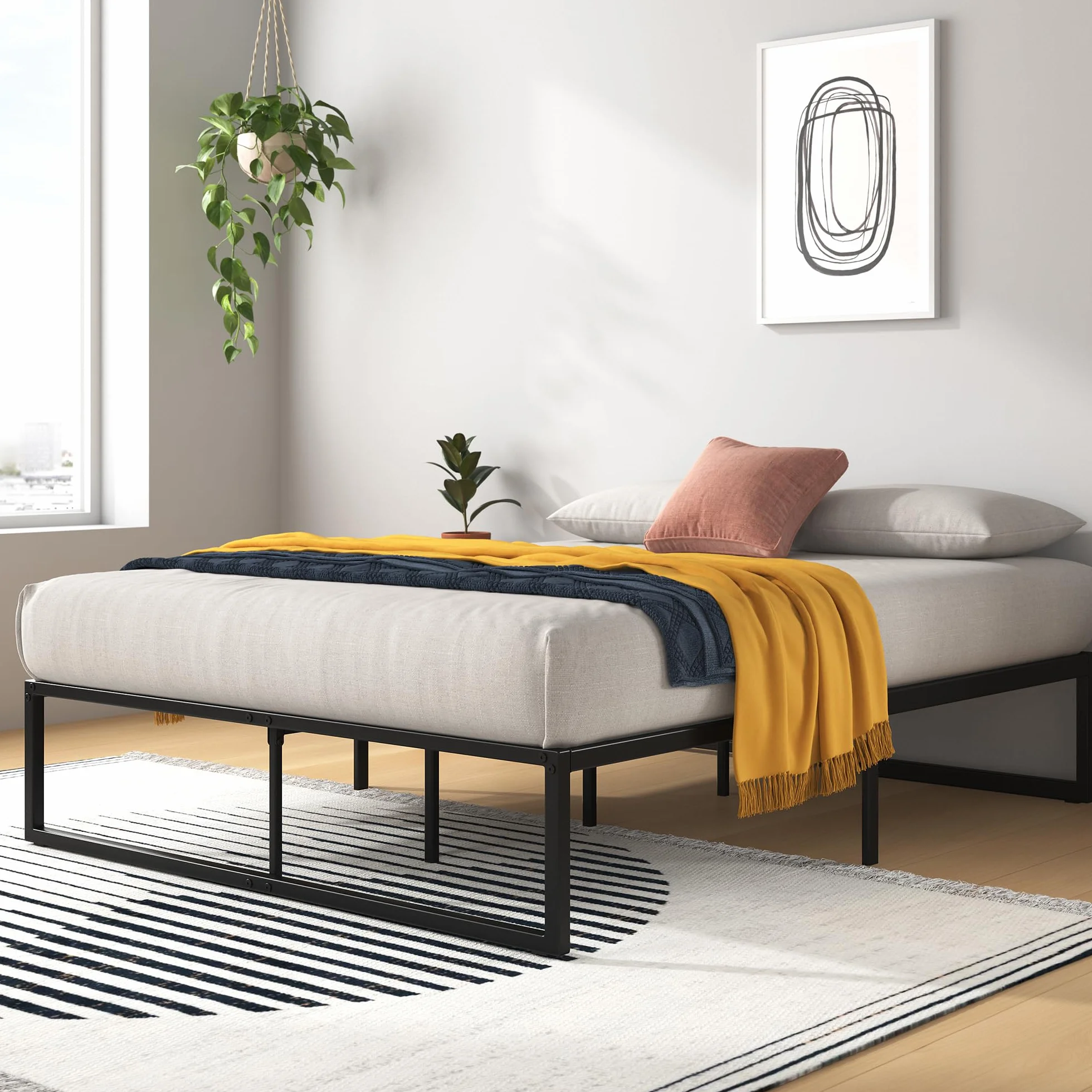 Zinus Lorelai Somier 135x190 cm - Altura 36 cm - Base Cama Matrimonio en Acero - Láminas de Metal - Montaje Fácil- Espacio de Almacenamiento - Negro