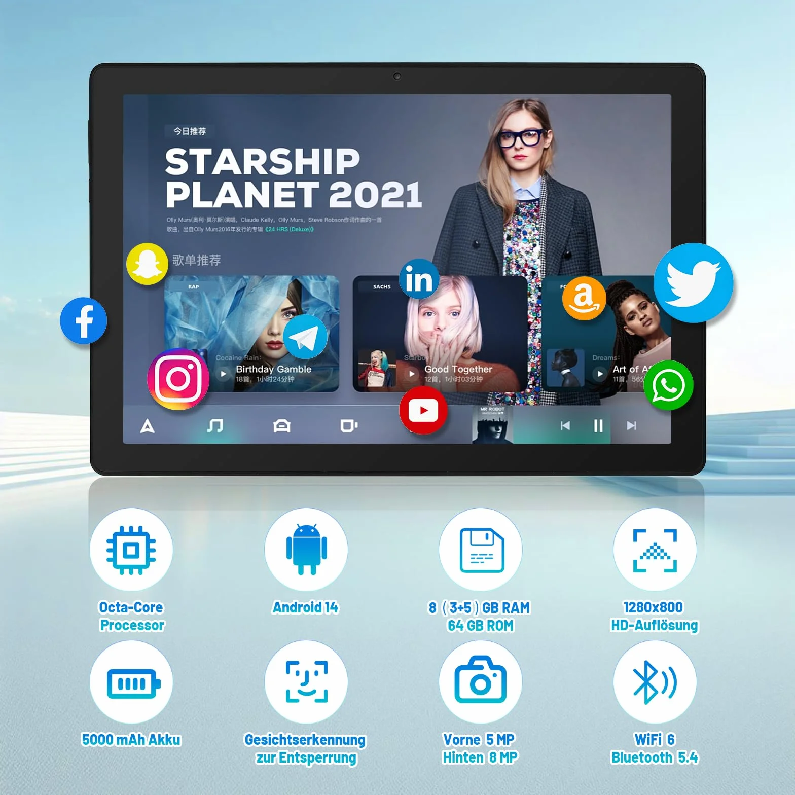 Tablet 10 Zoll Android Octa-Core 8GB RAM 64GB ROM (1TB TF) 1280x800 IPS Pantalla táctil GMS-zertifizierter 5000mAh Tablet PC WiFi 6 Bluetooth 5.4 Widevine L1 Dual-Kamera