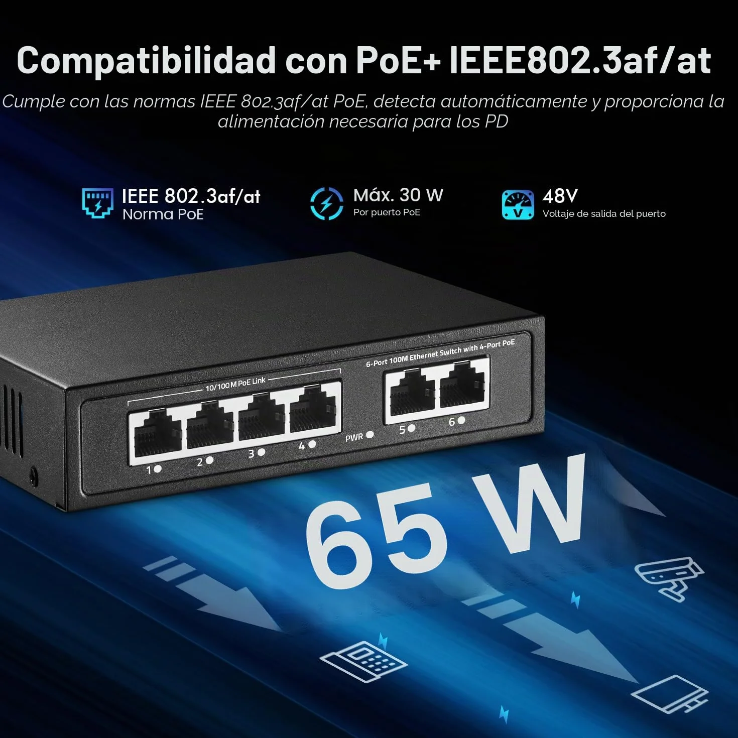 Conmutador PoE Mini YuLinca de 6 puertos con 4 puertos PoE+, 2 enlaces ascendentes Fast Ethernet, 10/100 Mbps, PoE 802.3af/at 65W, conmutador de red PoE+ Plug & Play metálico sin ventilador