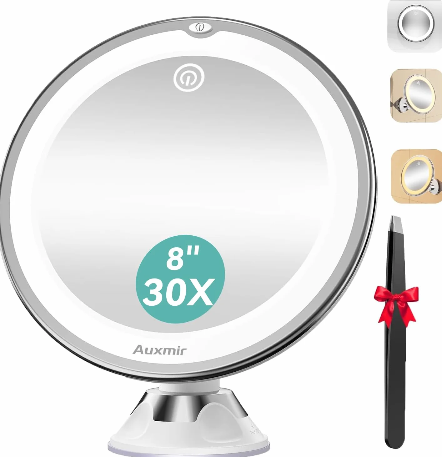 Auxmir Espejo Maquillaje LED 30X Aumento Ventosa Fuerte Brillo Regulable Giratorio 360° Portátil Blanco Redondo