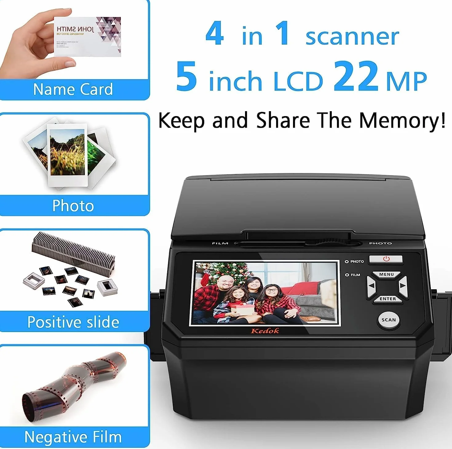Pantalla LCD de 5 pulgadas, convierte películas, fotos y tarjetas de visita de 35 mm y 110 mm en alta resolución JPEG de 22 MP - Incluye tarjeta SD de 8 GB