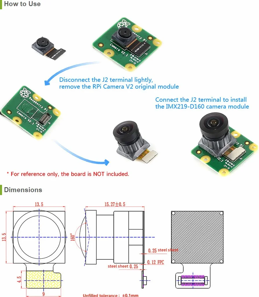 Waveshare 8MP IMX219-D160 Camera Module Wide Angle 160 Degree FoV Compatible with Raspberry Pi Camera Board V2(Not Included) and NVIDIA Jetson Nano Supporting Video Record and Still Picture Resolution