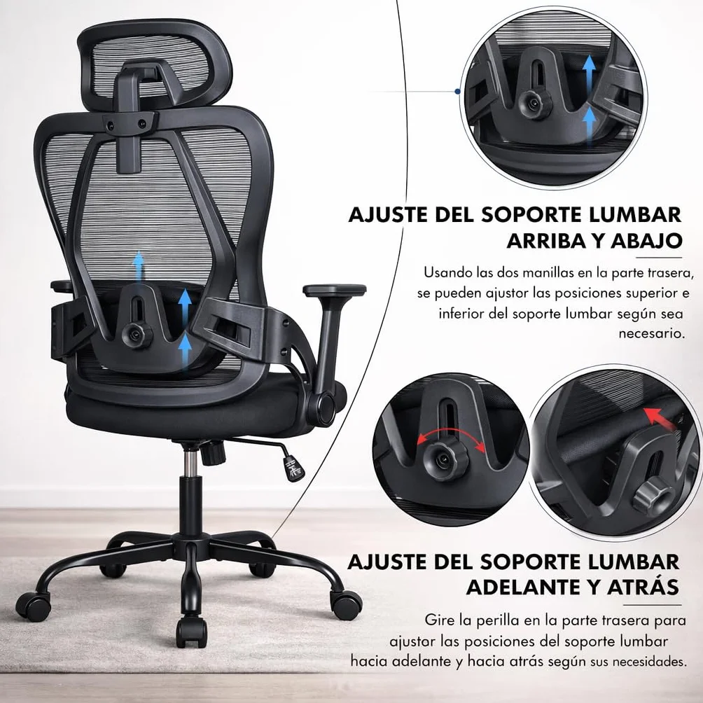 Silla de Oficina Ergonómica Profesional con Soporte Lumbar Ajustable, Reposacabezas Regulable, Reposabrazos 3D, Respaldo de Malla Transpirable, Ruedas 360º
