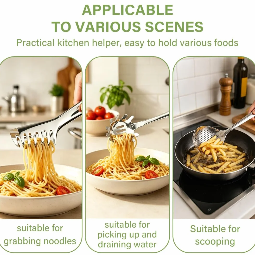 YunBey Juego de Utensilios para Pasta de Acero Inoxidable 304, Pinza para Espaguetis, Cuchara y Espumadera