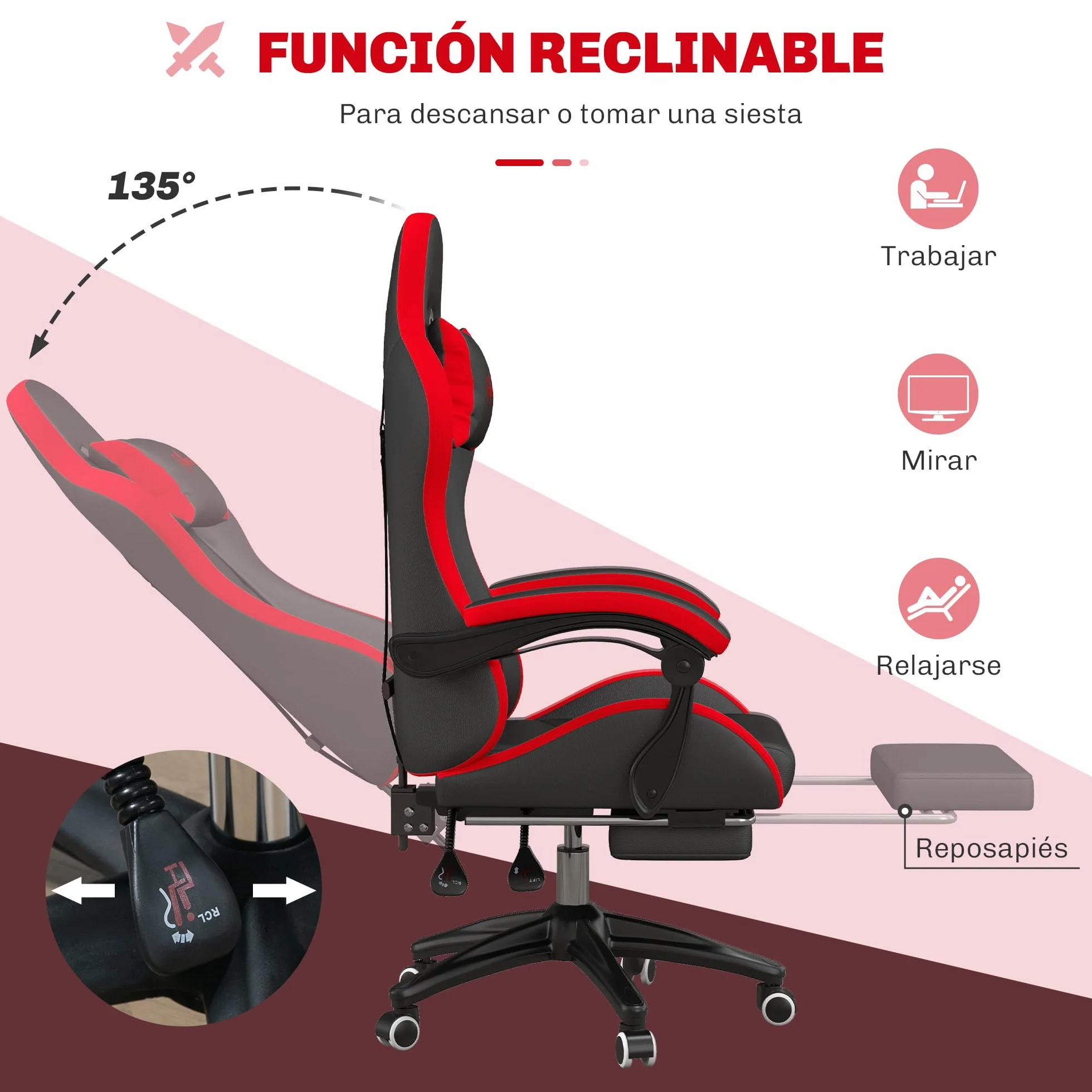 Vinsetto Silla Gaming Ergonómica de Cuero PU Reclinable 135° Soporte Lumbar Altura Ajustable Reposacabezas Reposapiés Retráctil Negro y Rojo