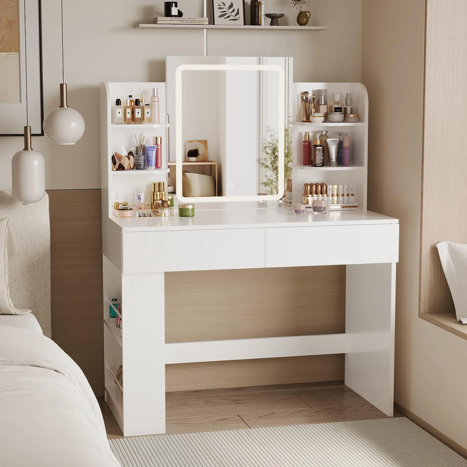 Airfish Tocador de Maquillaje con Espejo LED Regulable, 2 Cajones, 4 Estantes, 90x40x135 cm, Blanco