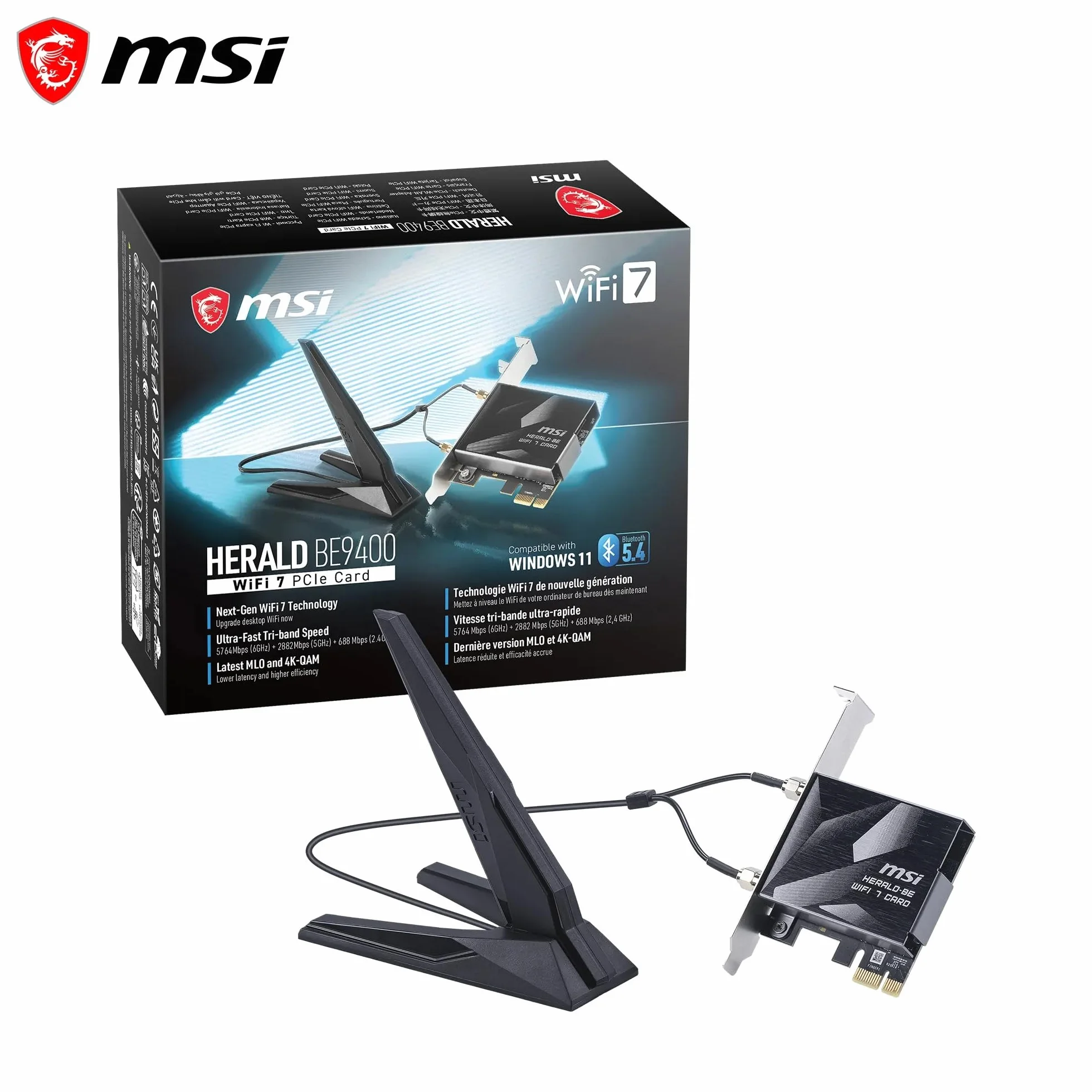 MSI Herald BE9400 - Tarjeta PCIe WiFi 7 tribanda, para Ordenador de sobremesa, Bluetooth 5.4, 6 GHz, MLO, 320 MHz, 5.8 GB/s
