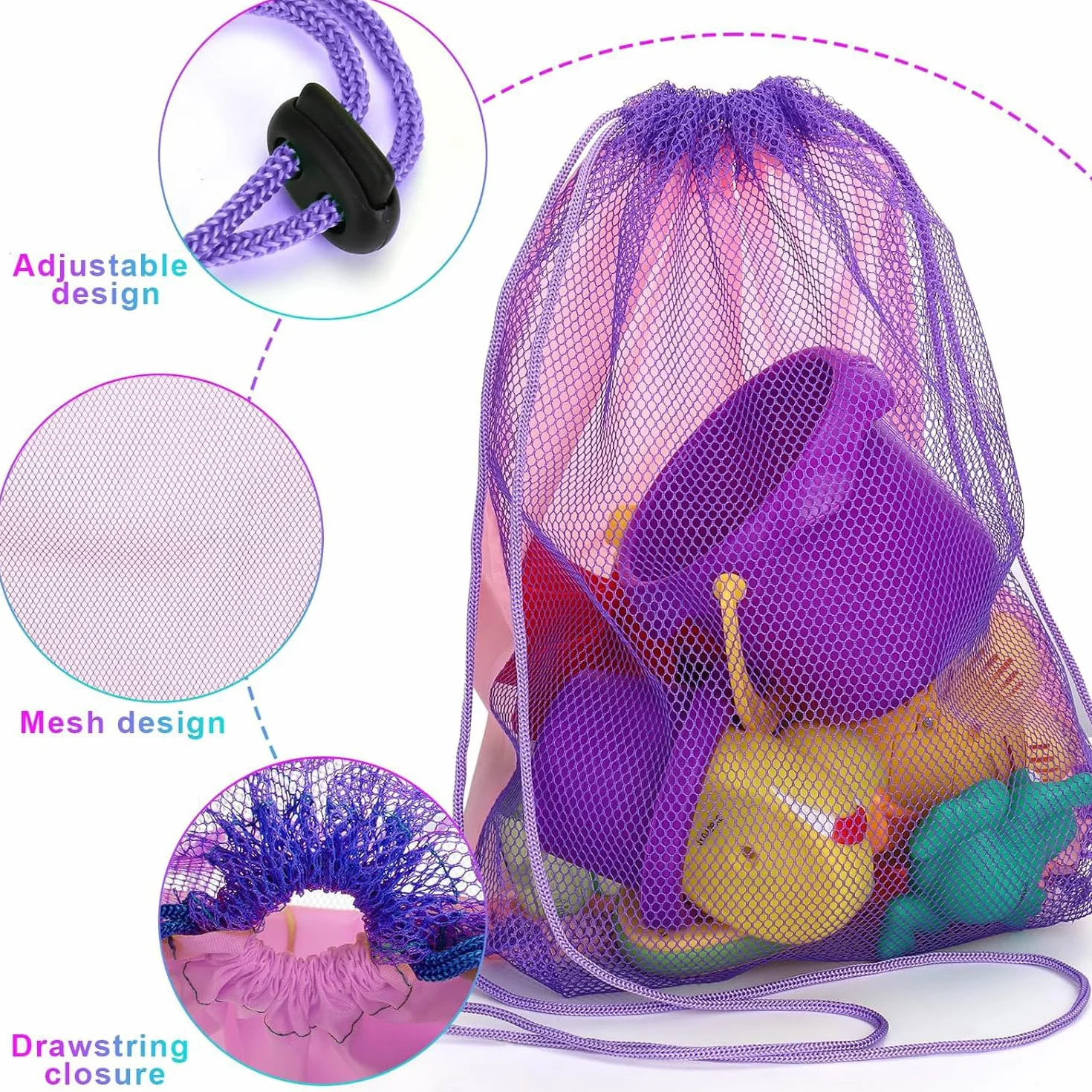 Bolsas de juguetes de playa para niños - Mochilas de malla con cordón para almacenamiento de arena, redes ligeras y duraderas