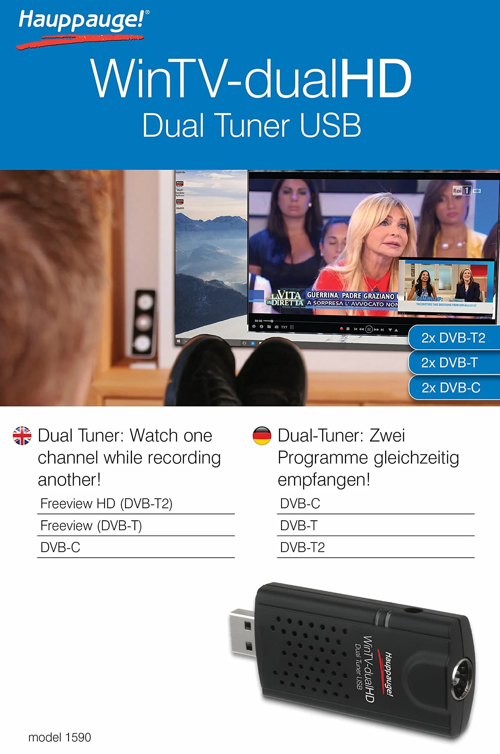 Stick de TV Hauppauge WinTV DualHD con control remoto, sintonizador numérico 2