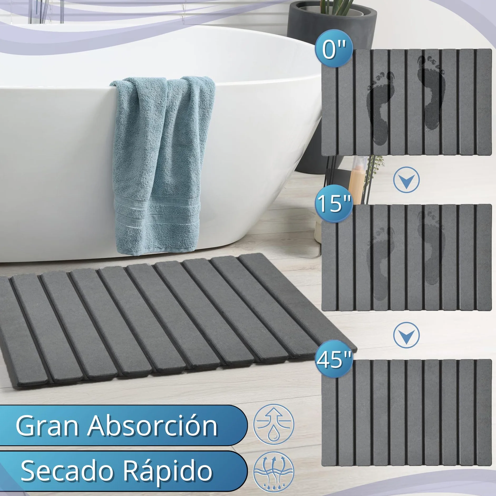 Alfombra Diatomita Baño 60x40cm Plegable Piedra Natural Antideslizante Secado Rápido Absorbente Antibacteriana