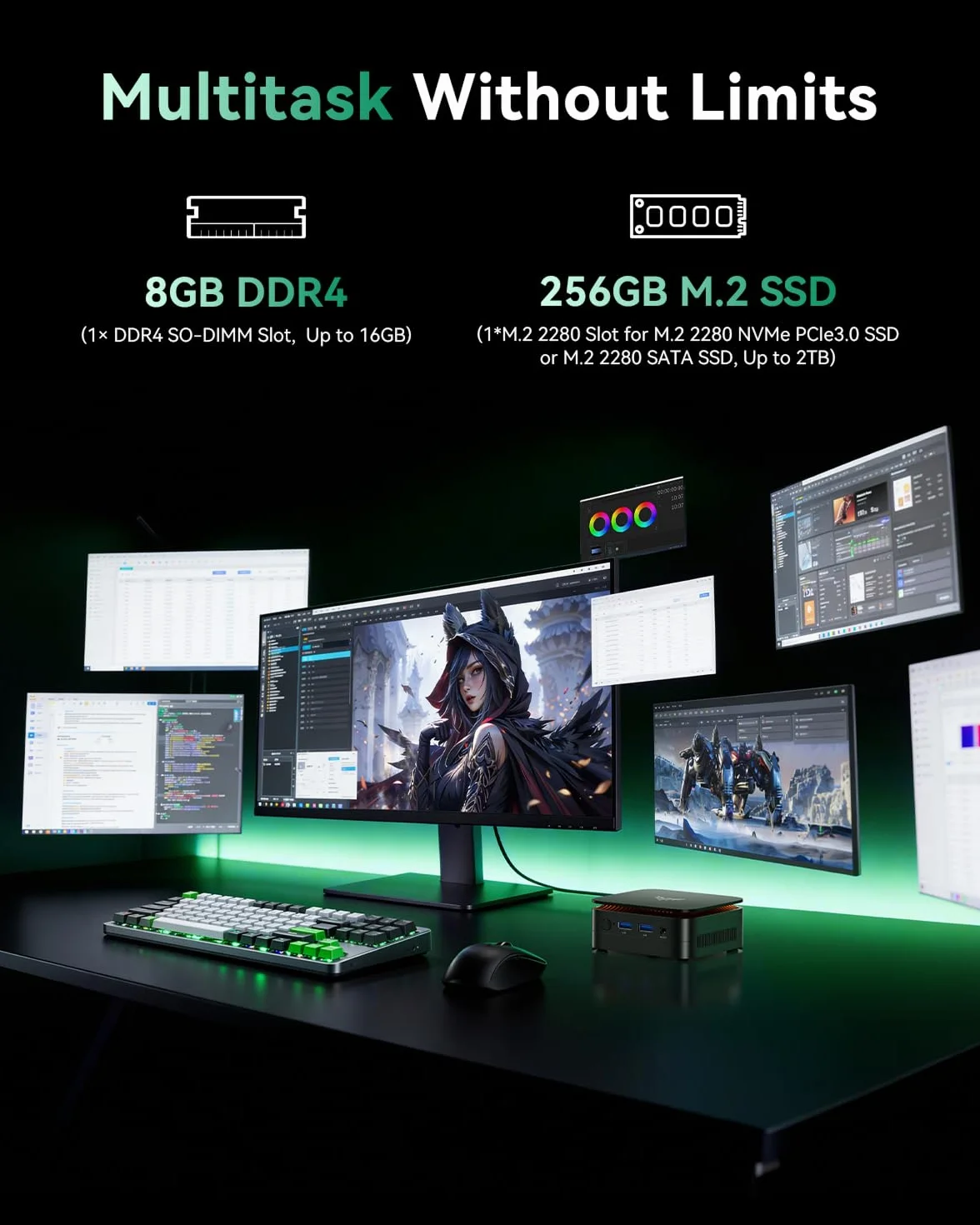 NiPoGi Essenx E1 Mini PC AMD 3150U 8GB DDR4 256GB SSD 4K@60Hz Dual HDMI DP Wi-Fi 5 BT 4.2 LAN 15W