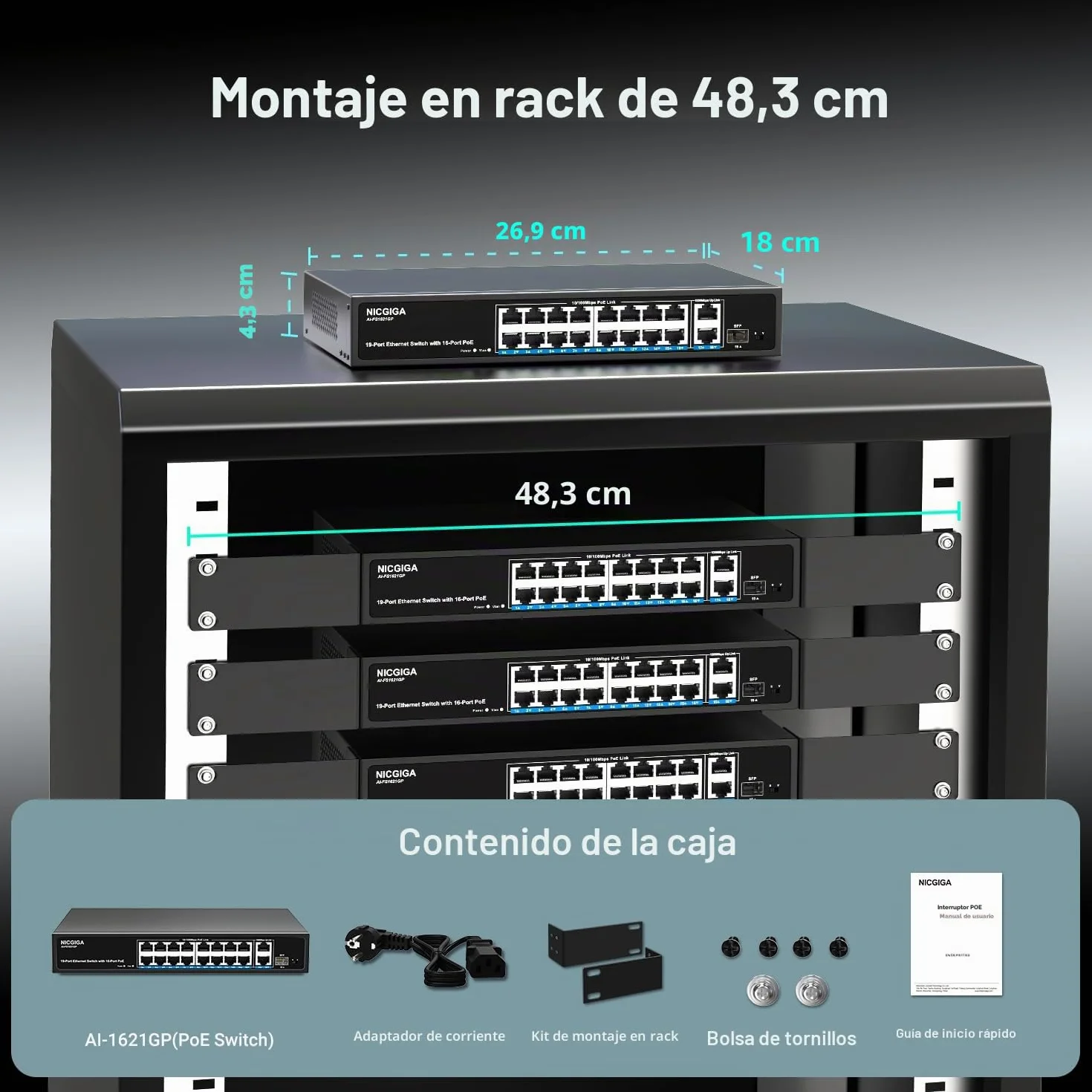 Conmutador PoE de 16 Puertos no administrado,16 Puertos PoE a 250W,2 Puertos de Enlace Ascendente Gigabit,1 Puerto SFP,conmutador de Red NICGIGA de 19 Puertos con alimentación a través de Ethernet