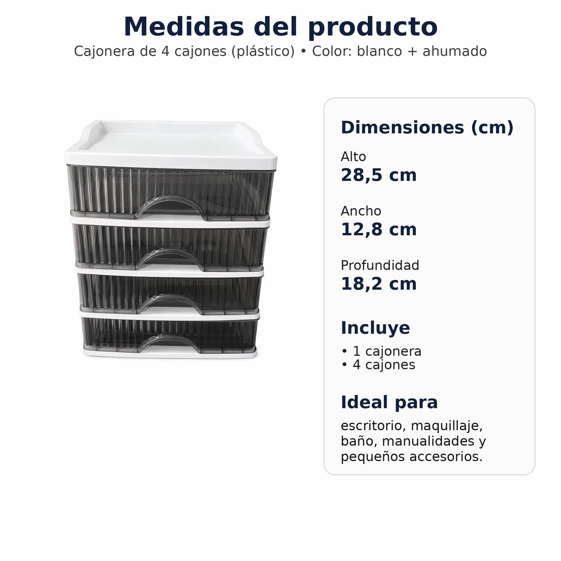 Cajonera de Plástico 4 Cajones Transparente Ahumado Organizador Escritorio Hogar