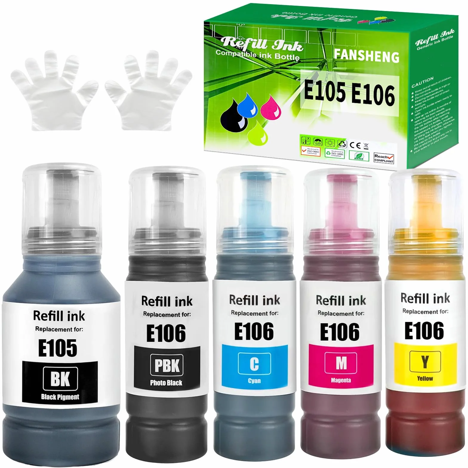 105 106 Tinta Compatible con Epson 105 106 Botellas de Recarga de Tinta para Ecotank L7160 L7180 ET-7700 ET-7750 Compatible con C13T00Q140 C13T00R140 C13T00R240 C13T00R340 (5 Pack 2BK/C/M/Y)