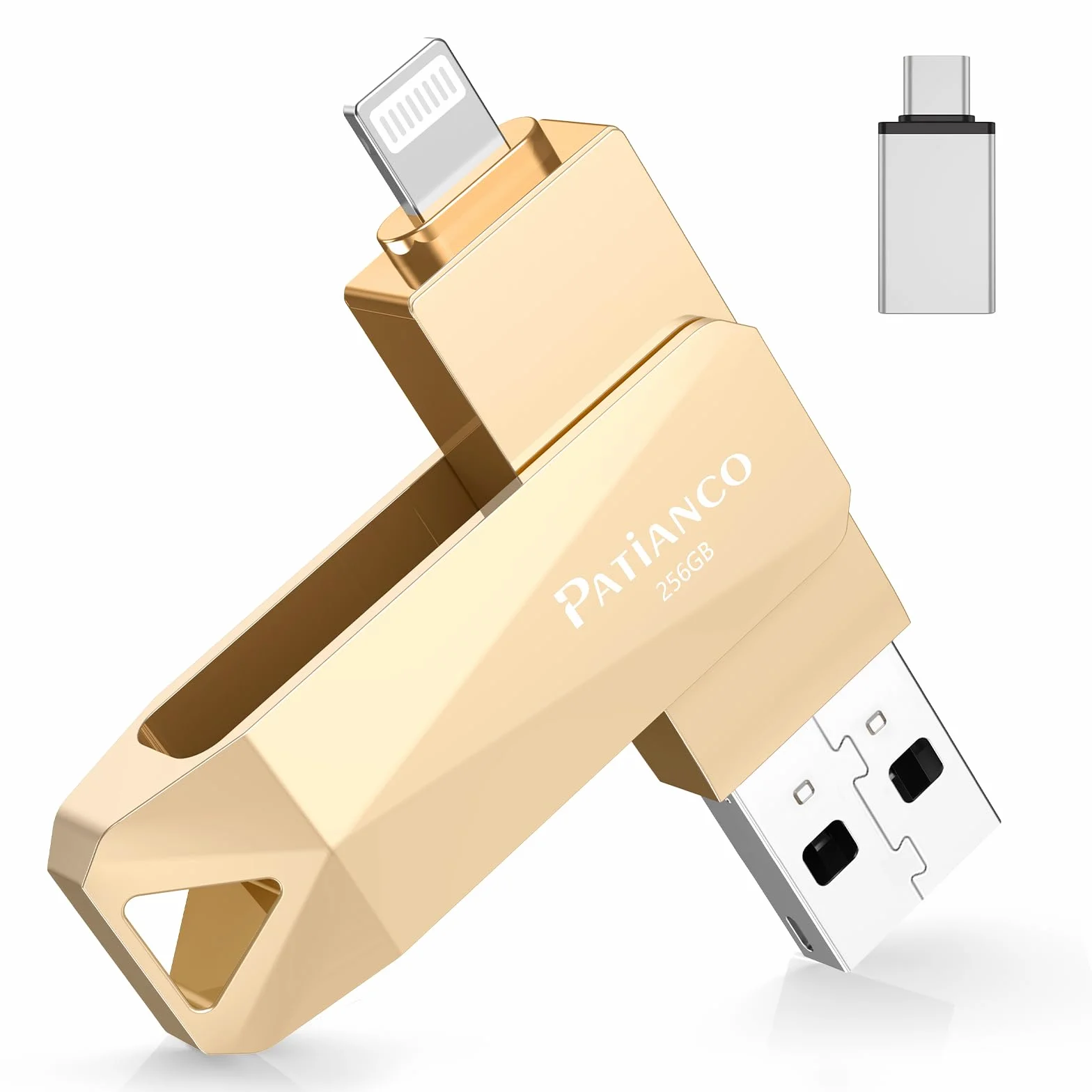 Pendrive para iPhone 256GB,[MFi Certificado] Patianco Memoria Externa USB C para iPad 3 en1 Flash Drive Externa Storage Ptotostick Lightning para OTG Android Smartphone Tablet Mac PC iOS(Oro)