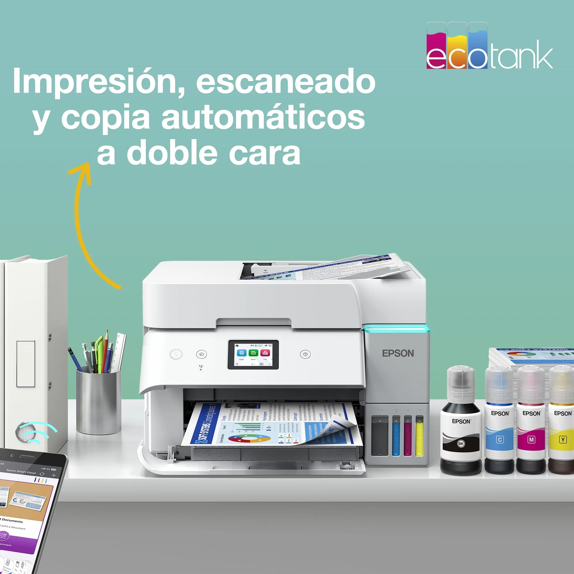 Epson EcoTank ET-4956 Impresora de Depósito de Tinta | Teletrabajo | Wi-Fi, Ethernet | A4 | Doble Cara | Imprimir, Copiar, Escanear, Fax | Pantalla Táctil 6,1cm | ADF | Tinta Incluida para 3 Años